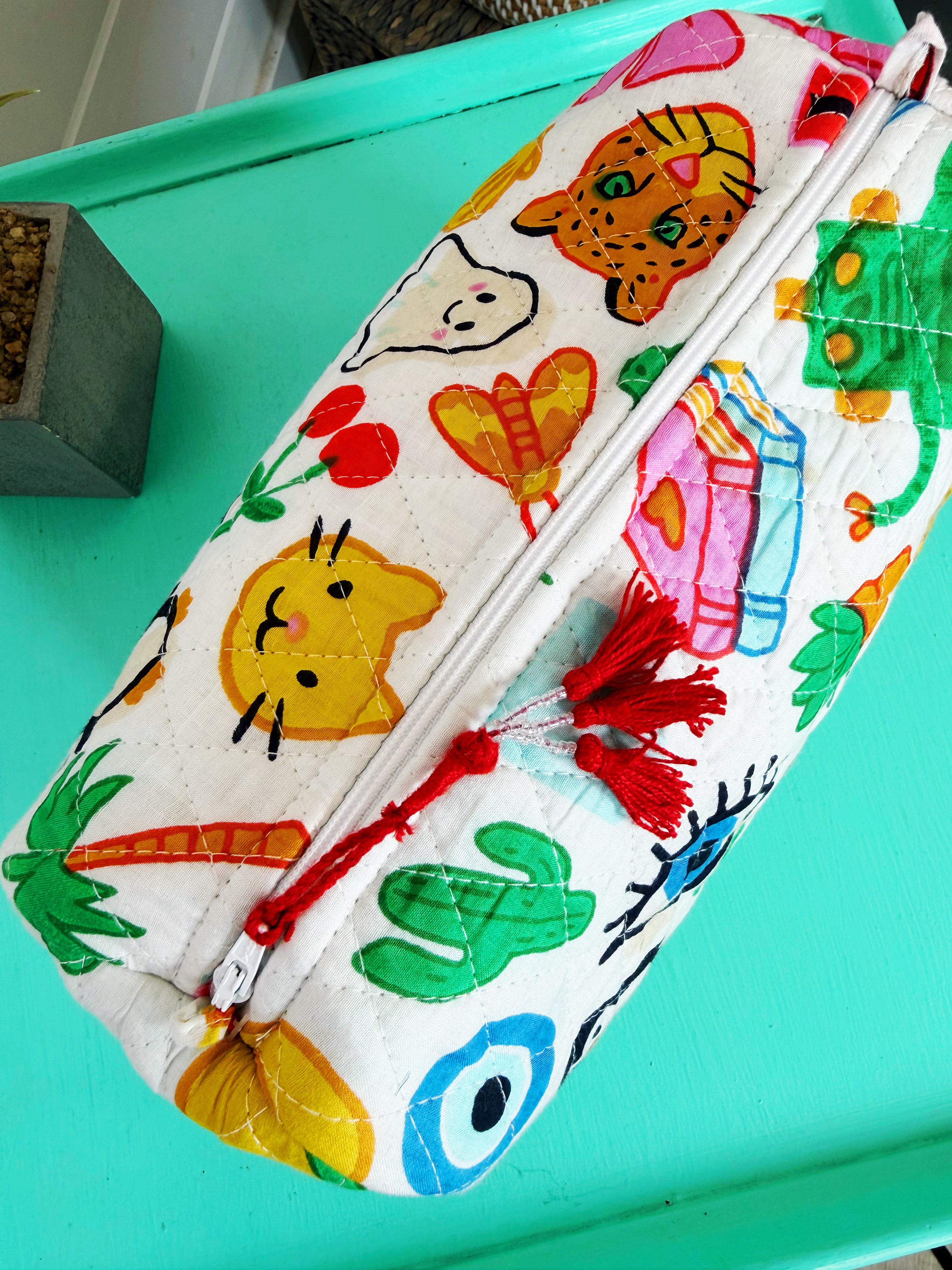 Quilted Makeup Cosmetics Toiletry Bag - Lucky Vibes Print White