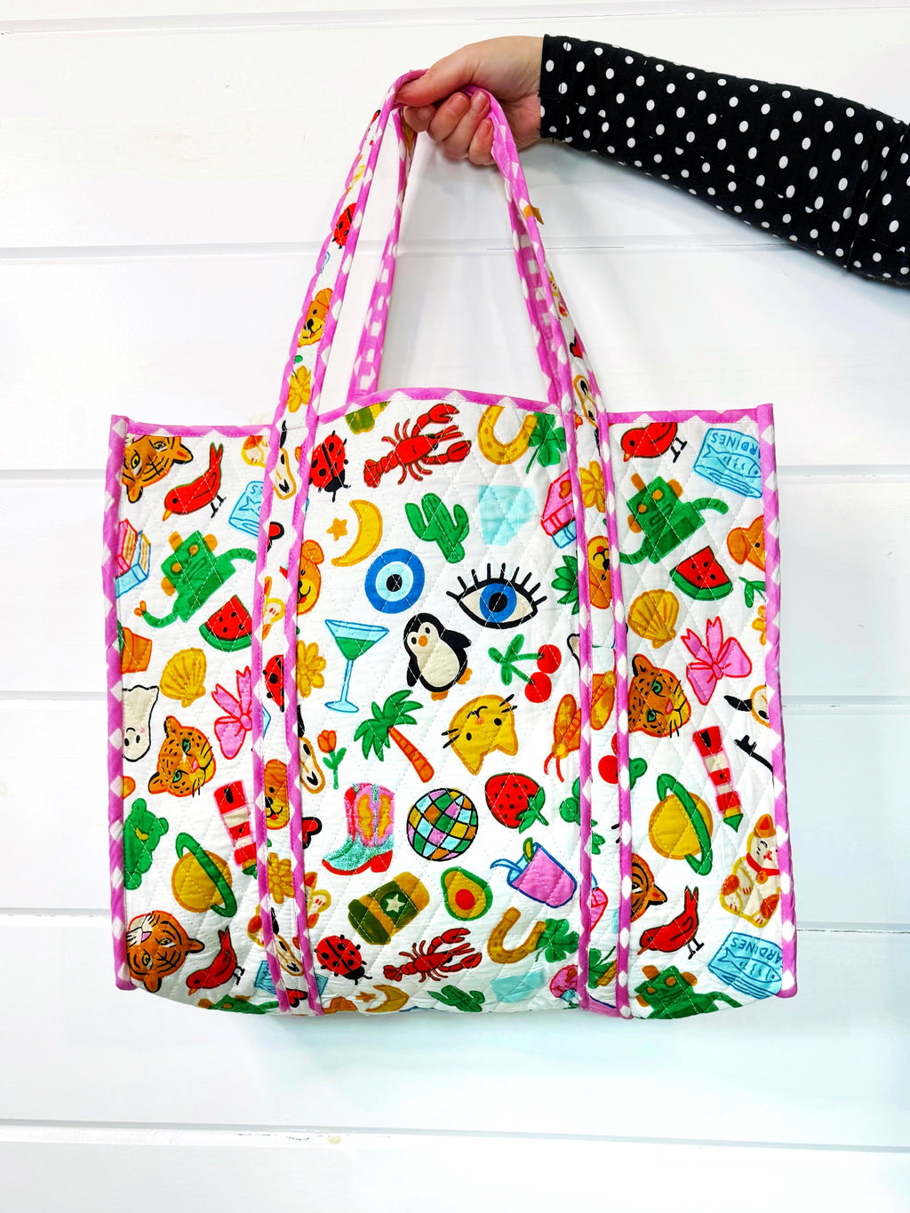 Quilted Cotton Reversible Large Tote Bag - Lucky Vibes Print White