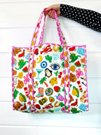Quilted Cotton Reversible Large Tote Bag - Lucky Vibes Print White