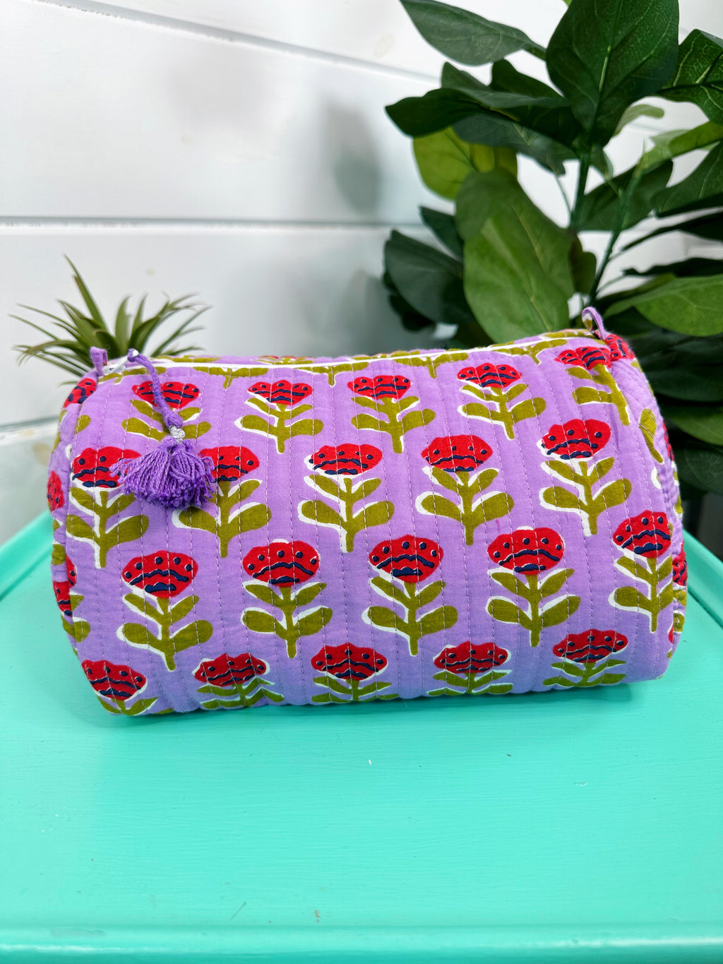 Purple and Red Floral Print Quilted Makeup Cosmetics Toiletry Bag