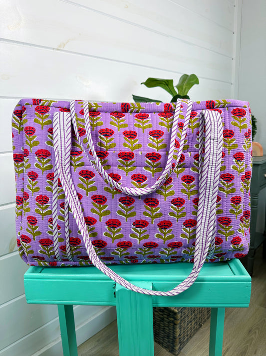 Purple and Red Floral Print Quilted Weekender Overnight Bag