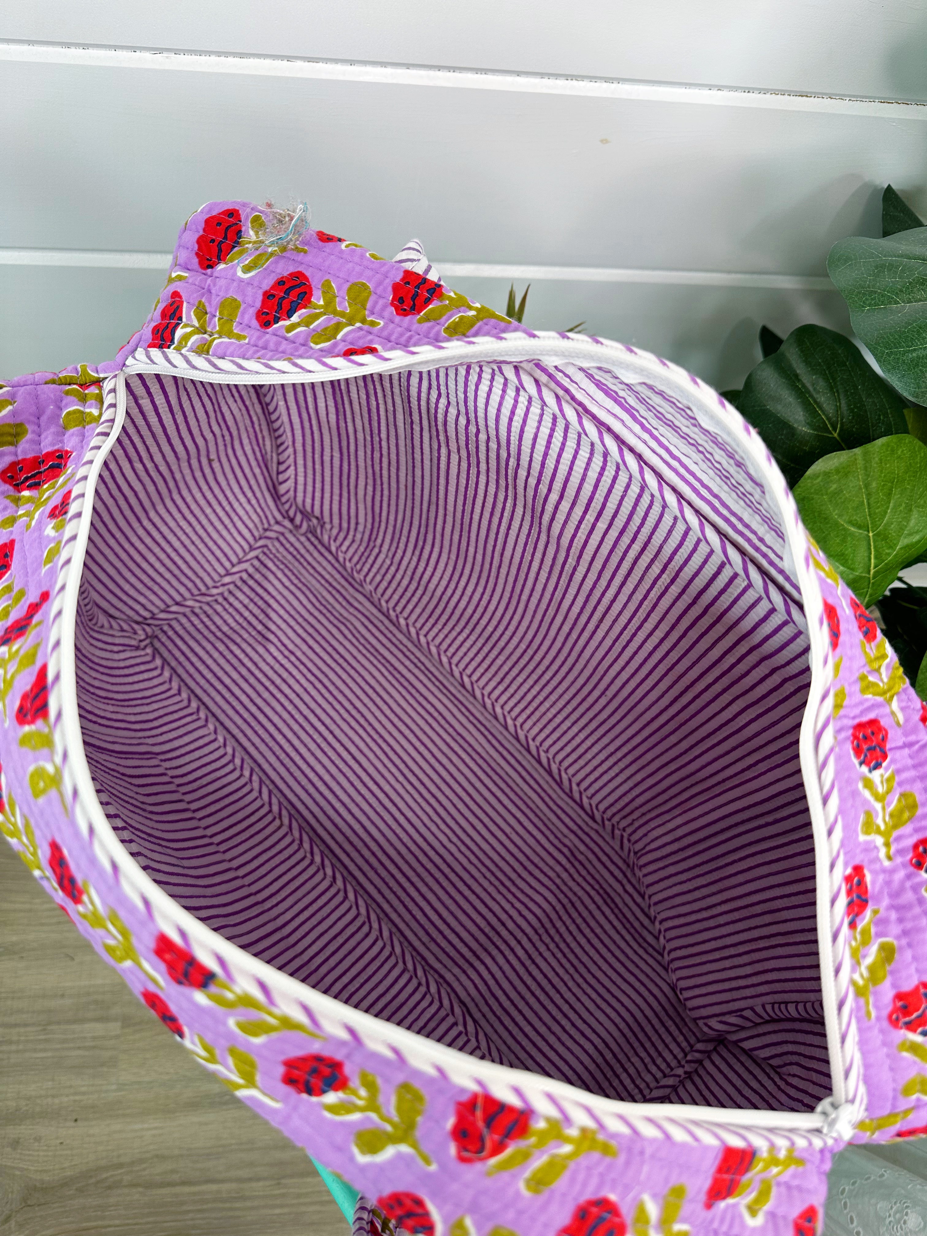 Quilted Weekender Duffle Overnight Bag - Purple Floral Print