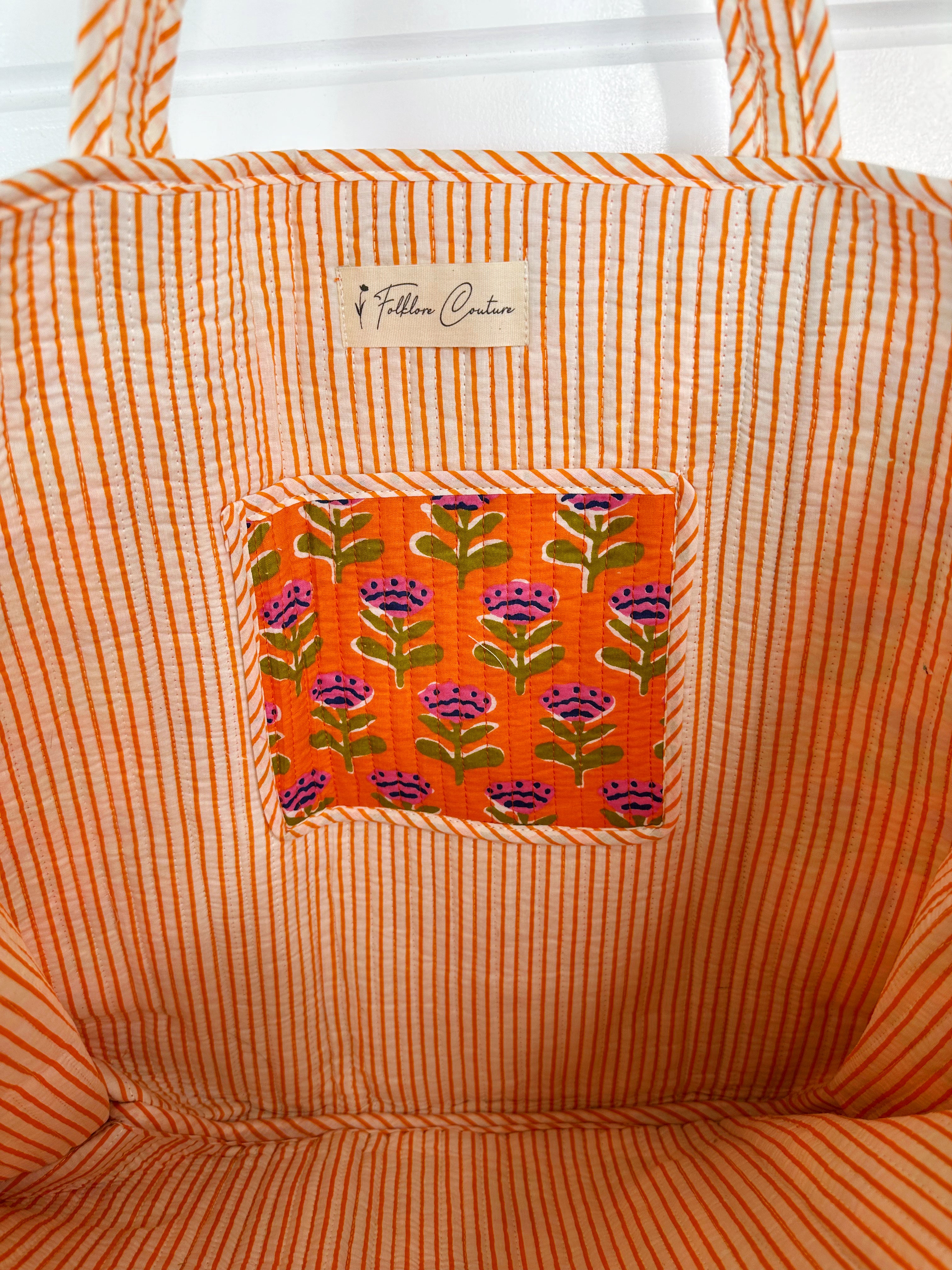 Orange Floral Print Quilted Cotton Reversible Large Tote Bag
