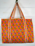 Orange Floral Print Quilted Cotton Reversible Large Tote Bag