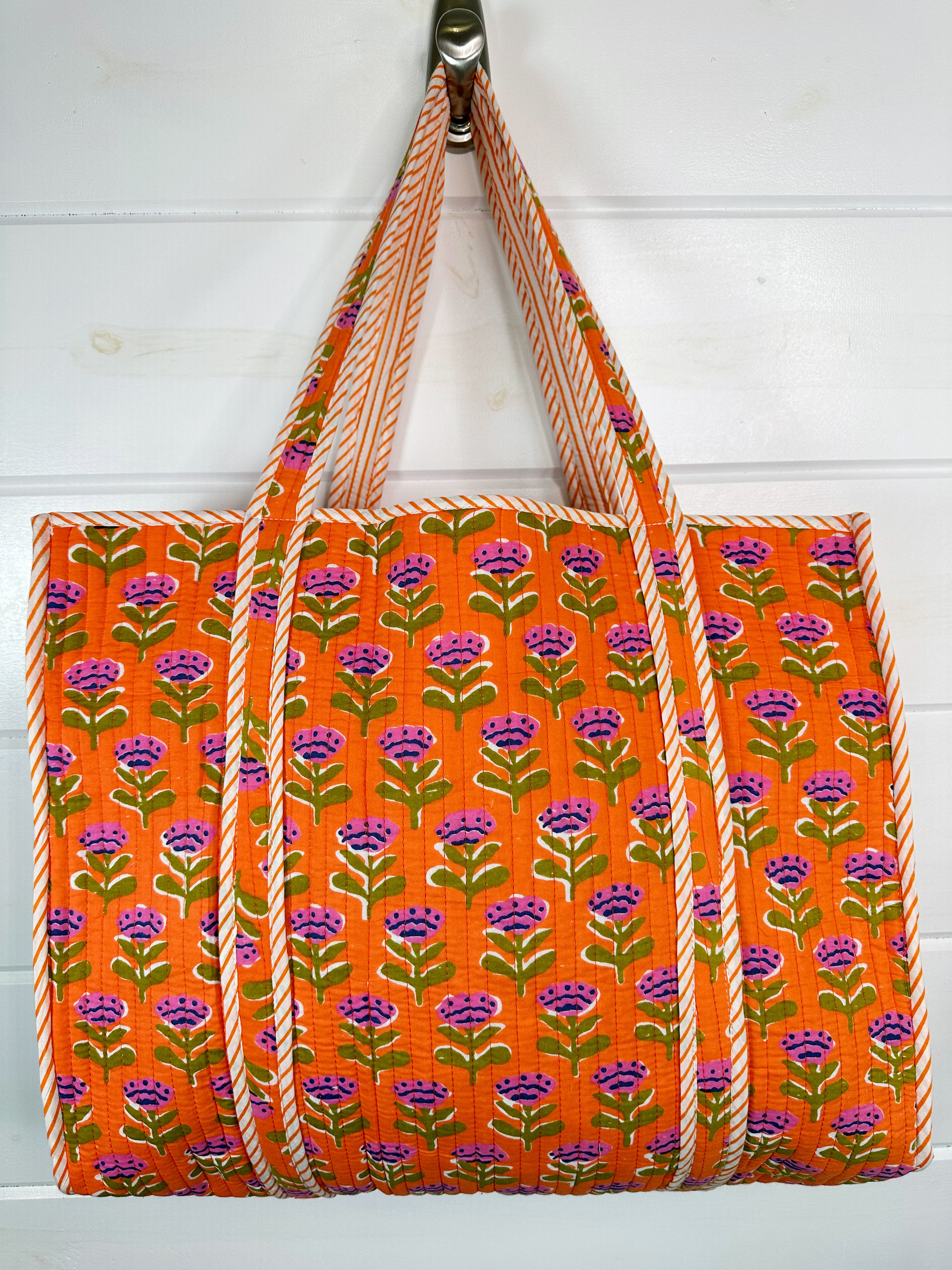 Orange Floral Print Quilted Cotton Reversible Large Tote Bag