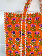 Orange Floral Print Quilted Cotton Reversible Large Tote Bag