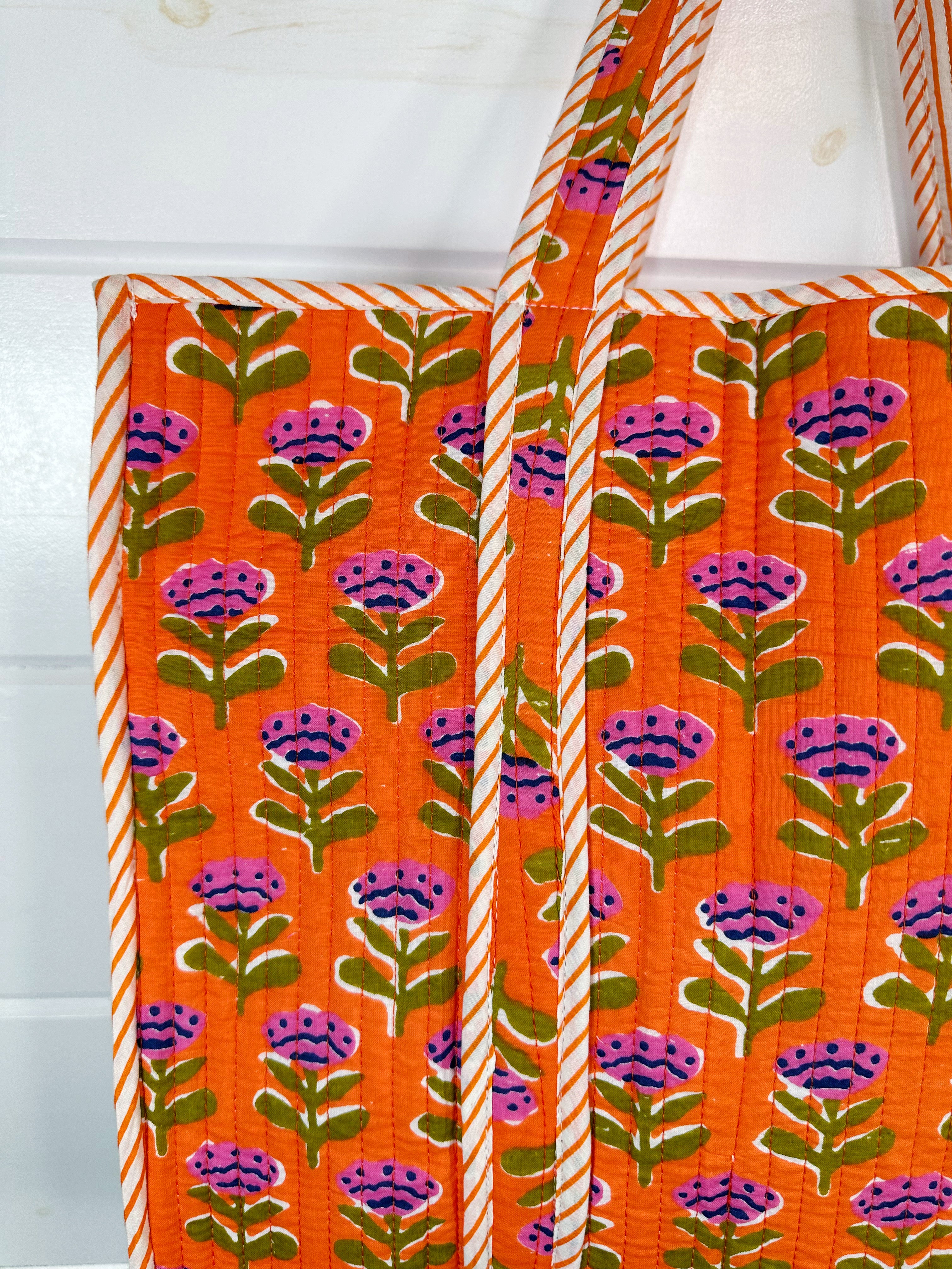 Orange Floral Print Quilted Cotton Reversible Large Tote Bag