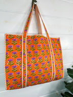 Orange Floral Print Quilted Cotton Reversible Large Tote Bag