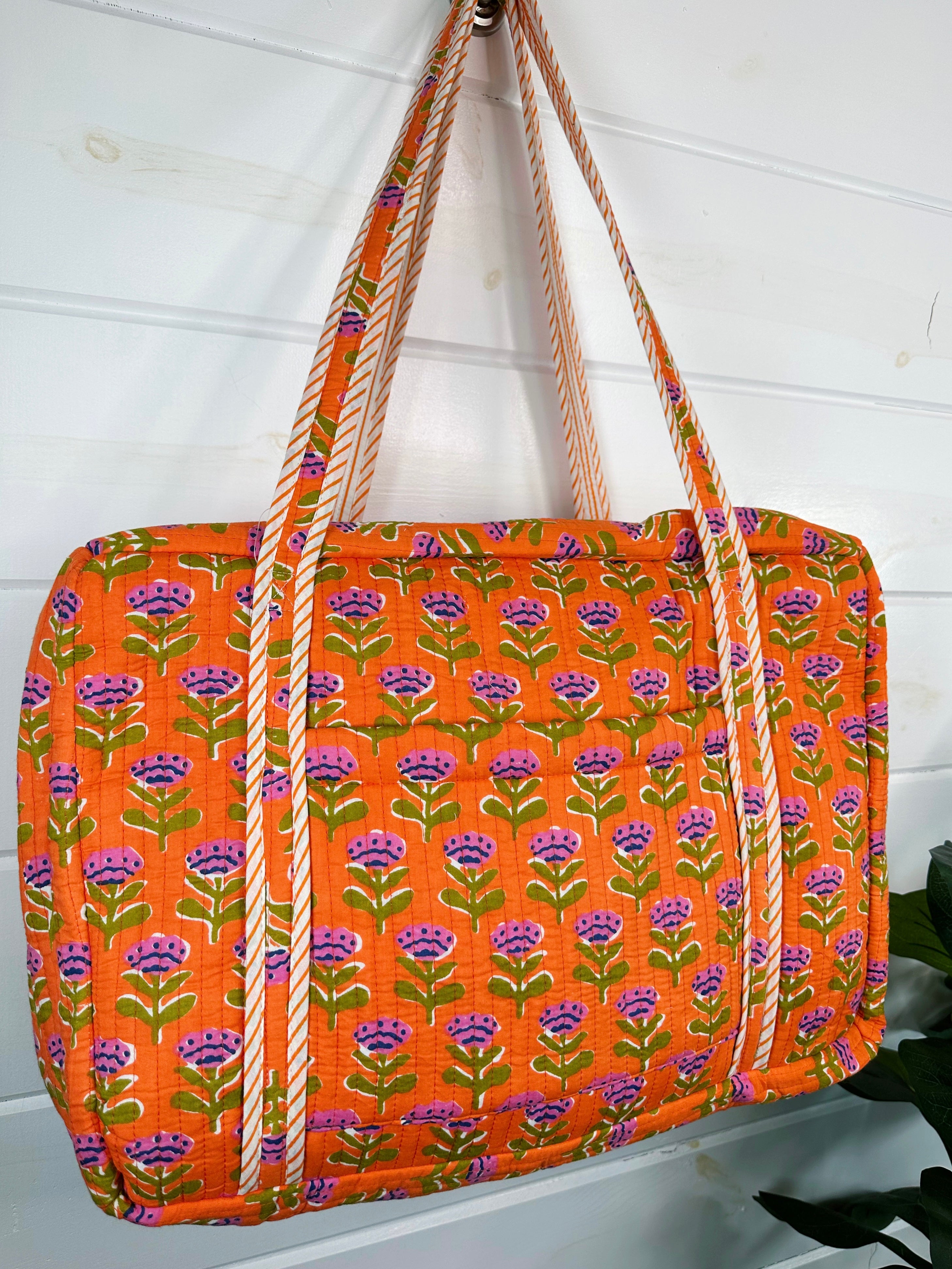 Orange Floral Print Quilted Weekender Overnight Bag