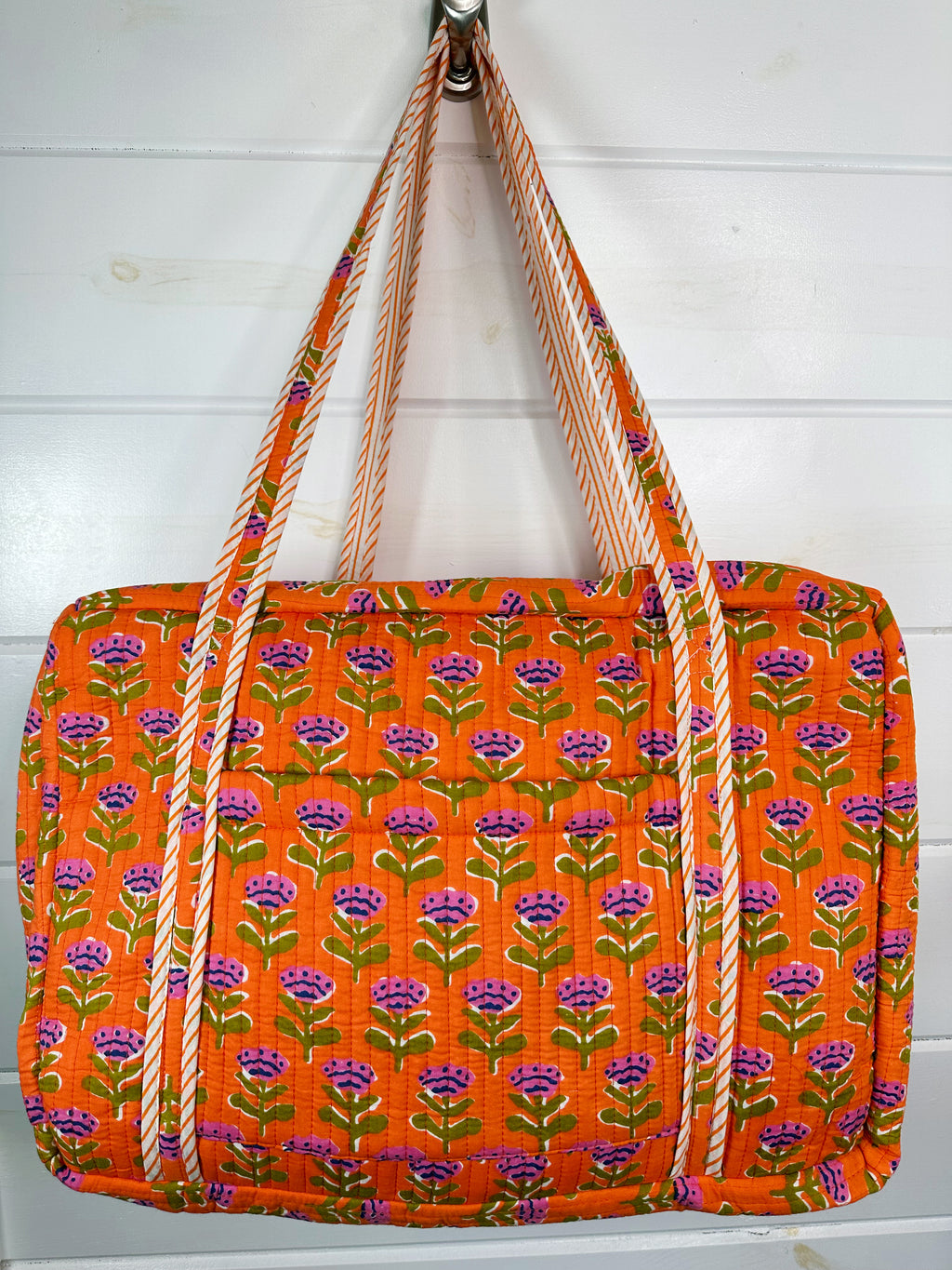 Orange Floral Print Quilted Weekender Overnight Bag
