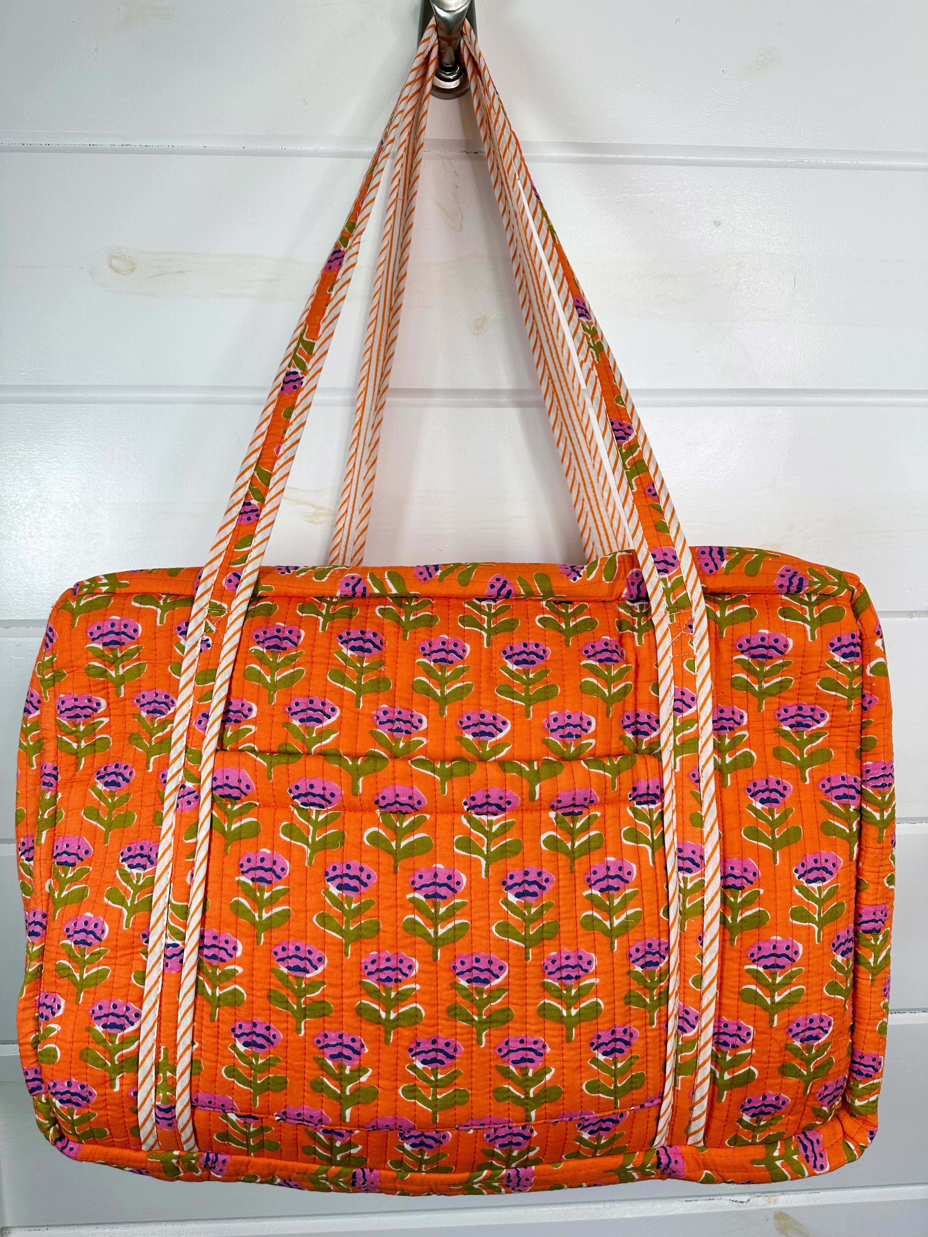 Orange Floral Print Quilted Weekender Overnight Bag