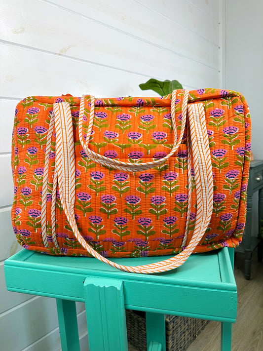 Orange Floral Print Quilted Weekender Overnight Bag