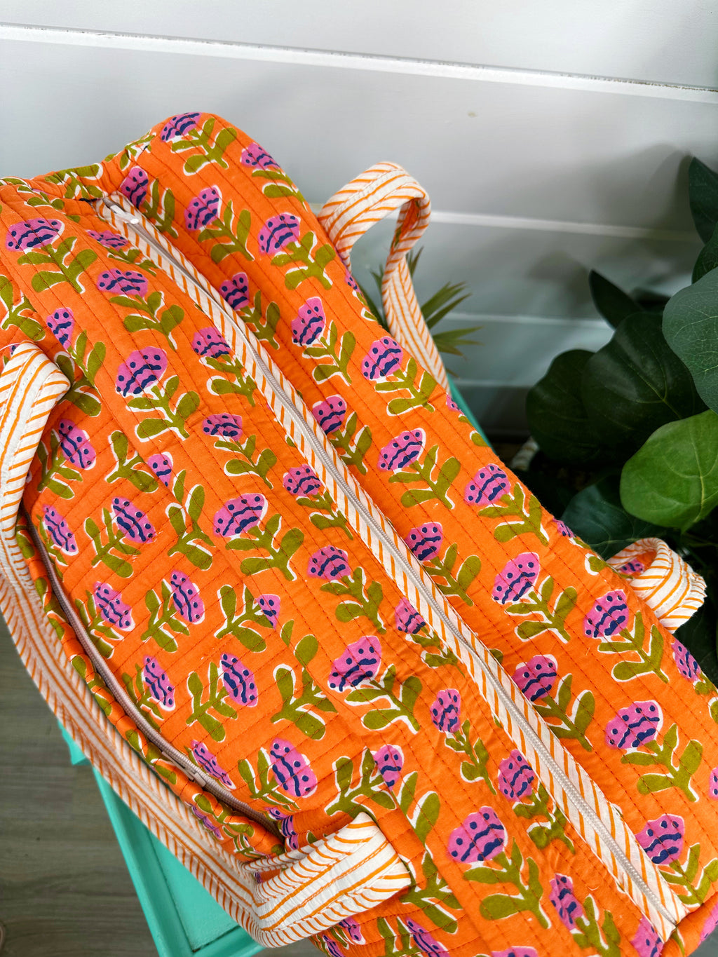 Orange Floral Print Quilted Weekender Overnight Bag