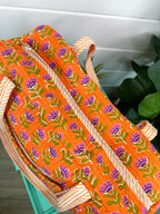 Orange Floral Print Quilted Weekender Overnight Bag