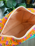 Orange Floral Print Quilted Weekender Overnight Bag