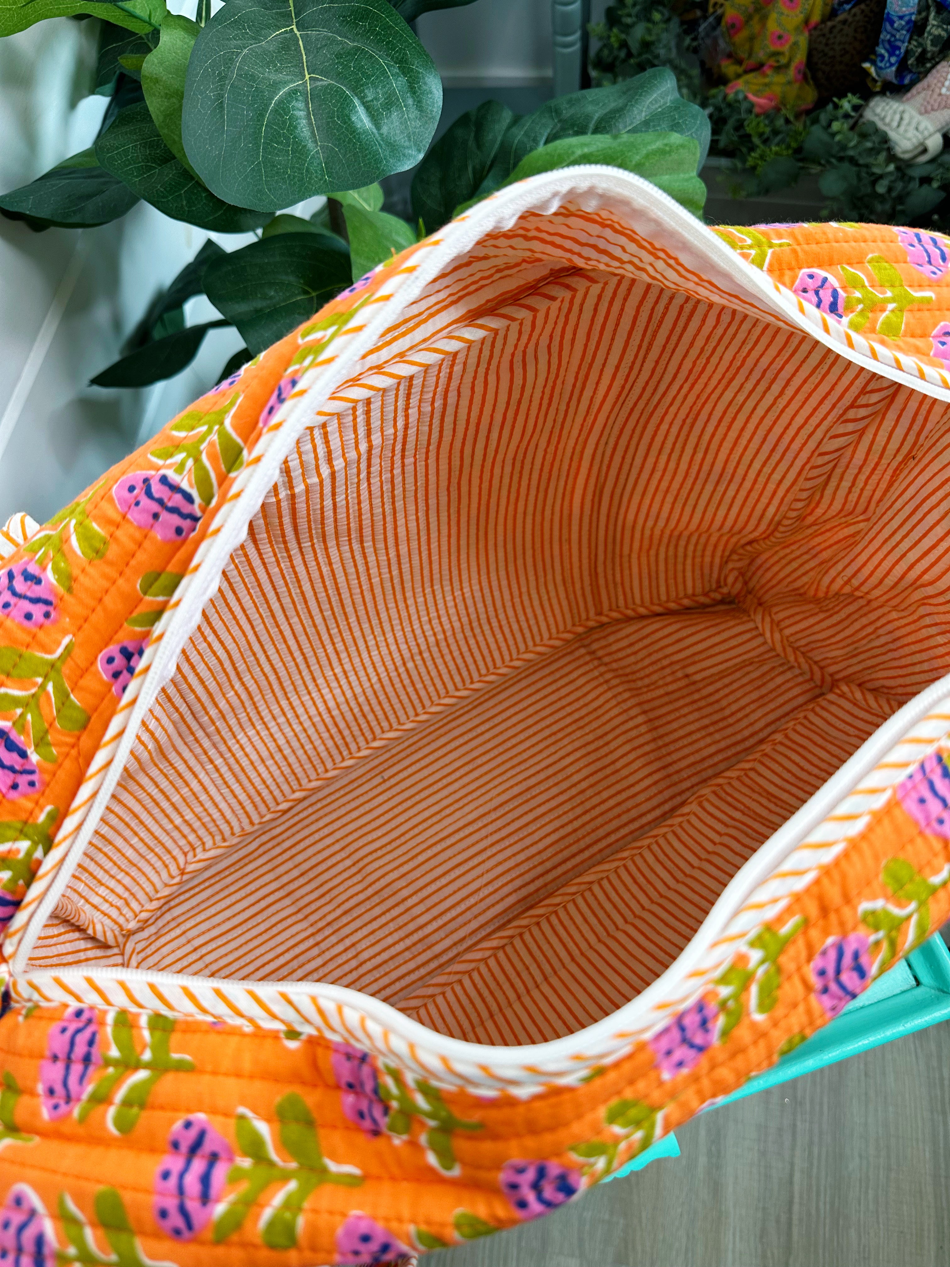 Orange Floral Print Quilted Weekender Overnight Bag
