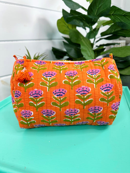 Orange Floral Print Quilted Makeup Cosmetics Toiletry Bag