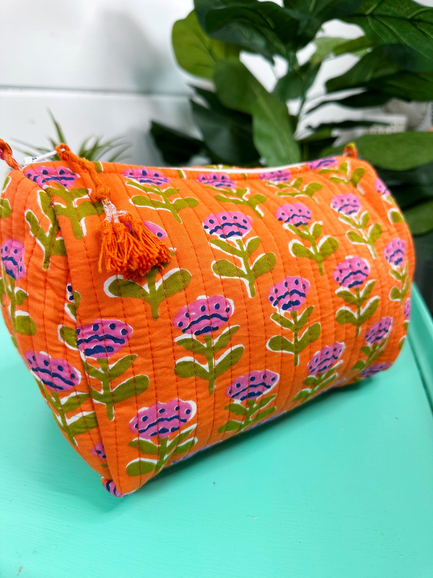 Orange Floral Print Quilted Makeup Cosmetics Toiletry Bag