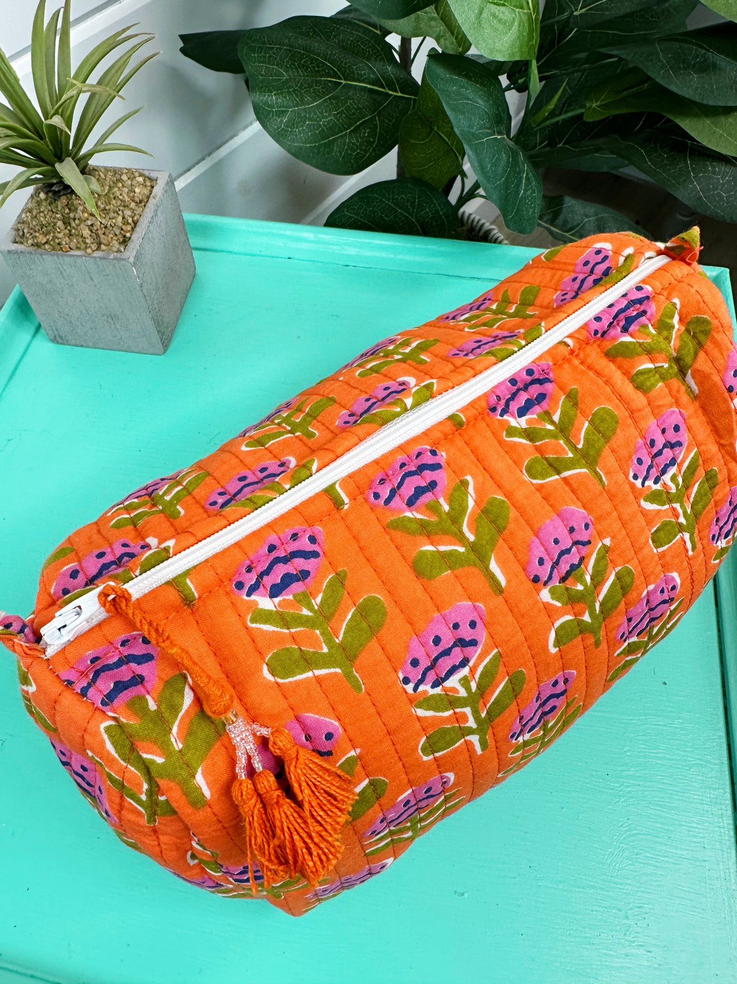 Orange Floral Print Quilted Makeup Cosmetics Toiletry Bag