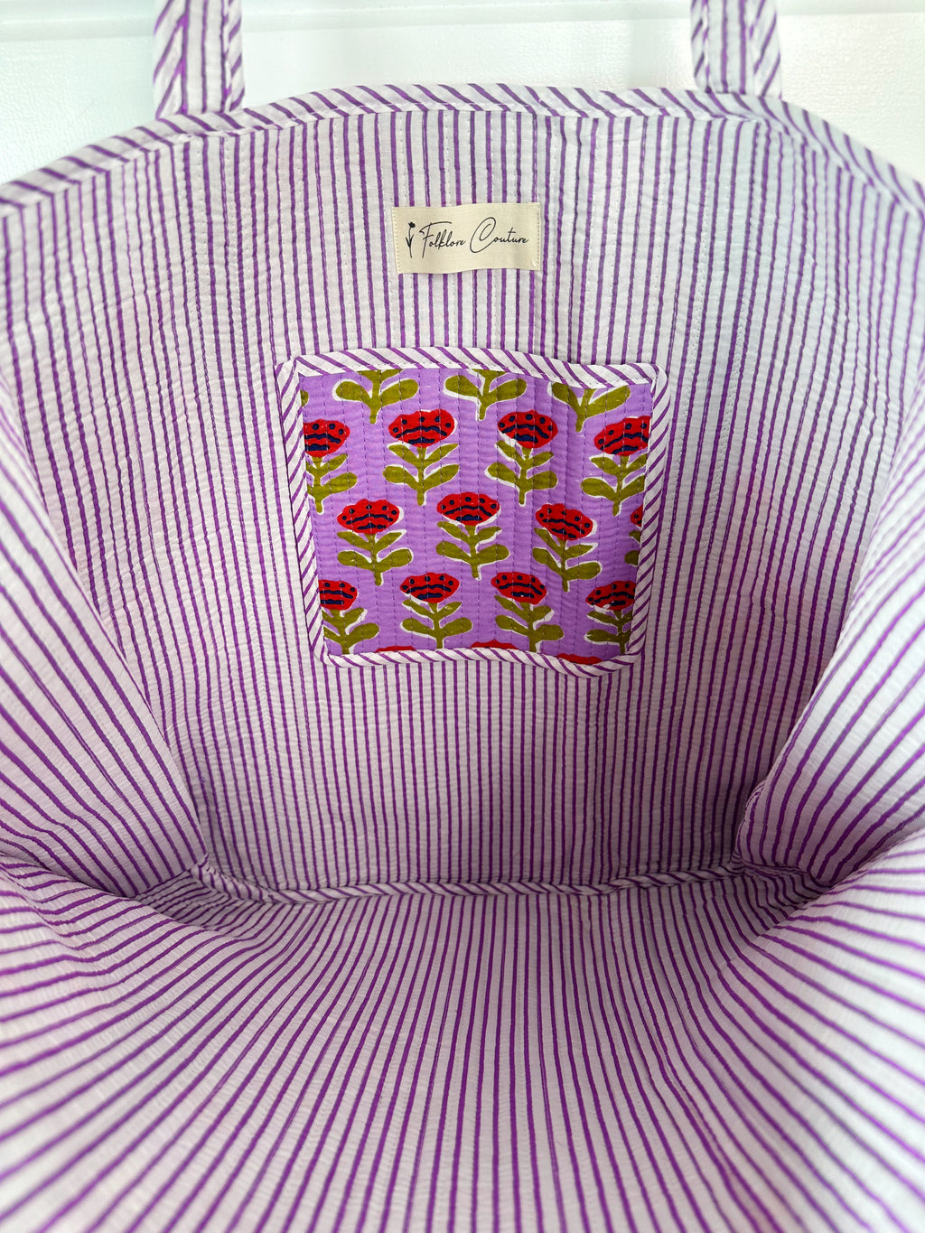 Purple Floral Print Quilted Cotton Reversible Large Tote Bag