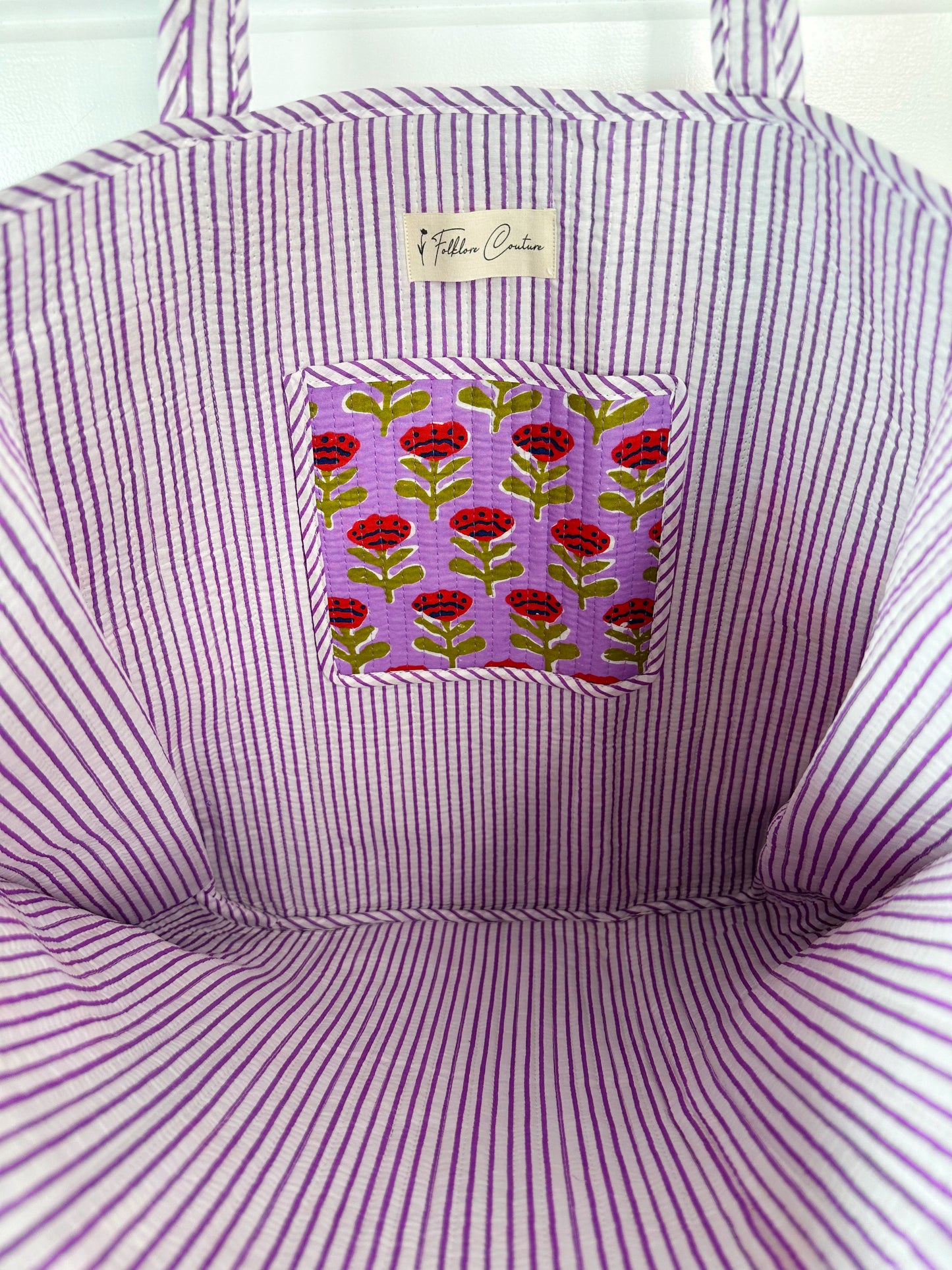 Purple Floral Print Quilted Cotton Reversible Large Tote Bag
