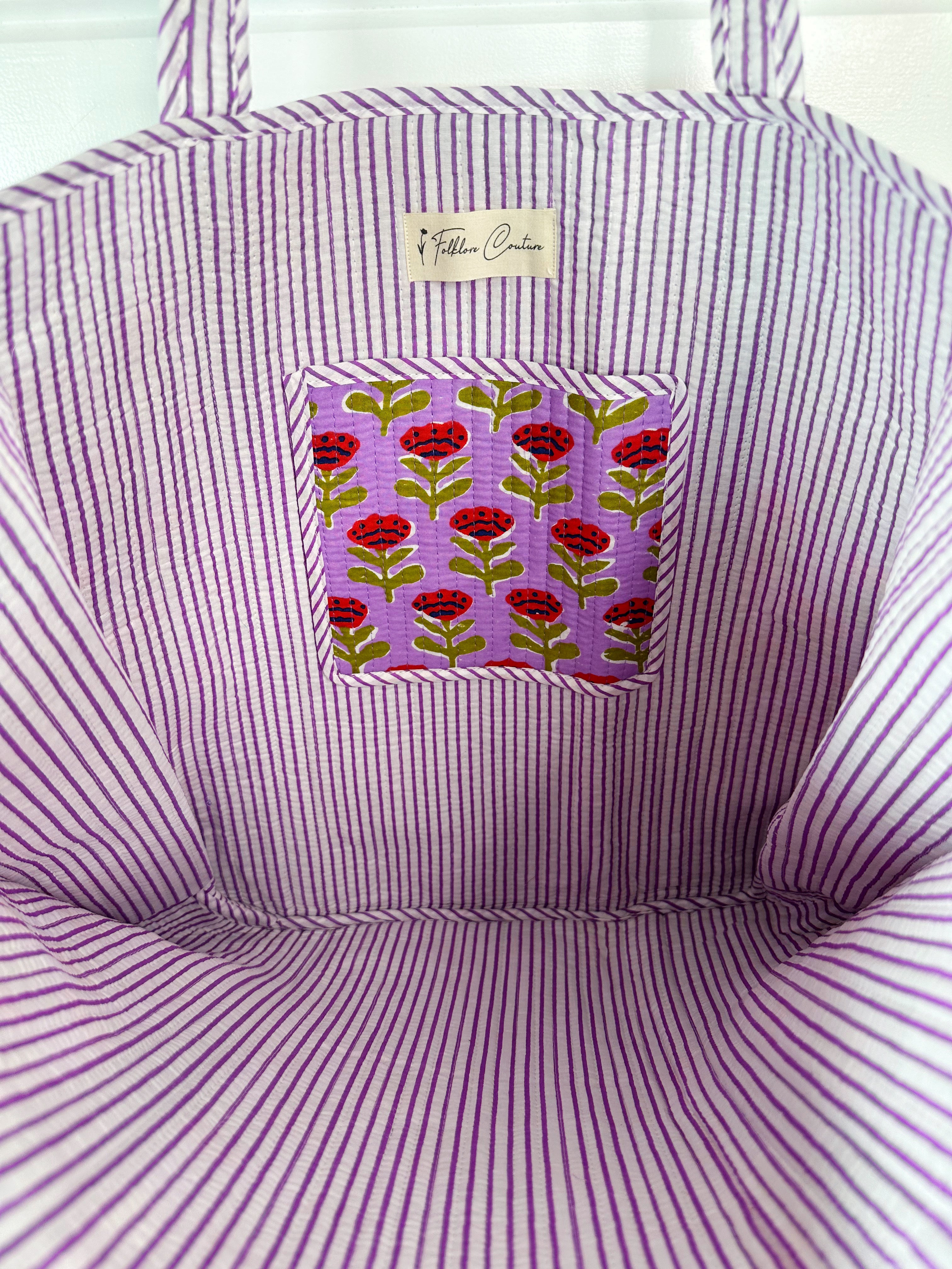 Purple Floral Print Quilted Cotton Reversible Large Tote Bag