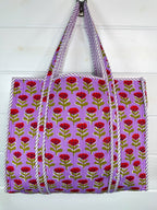Purple Floral Print Quilted Cotton Reversible Large Tote Bag