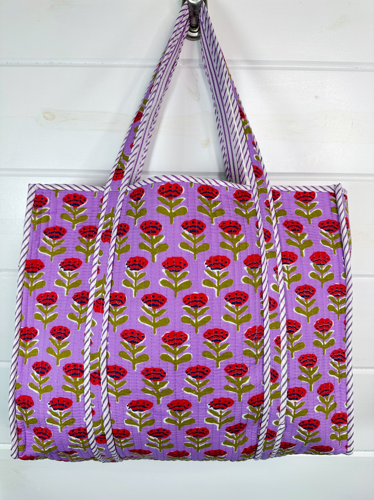 Purple Floral Print Quilted Cotton Reversible Large Tote Bag