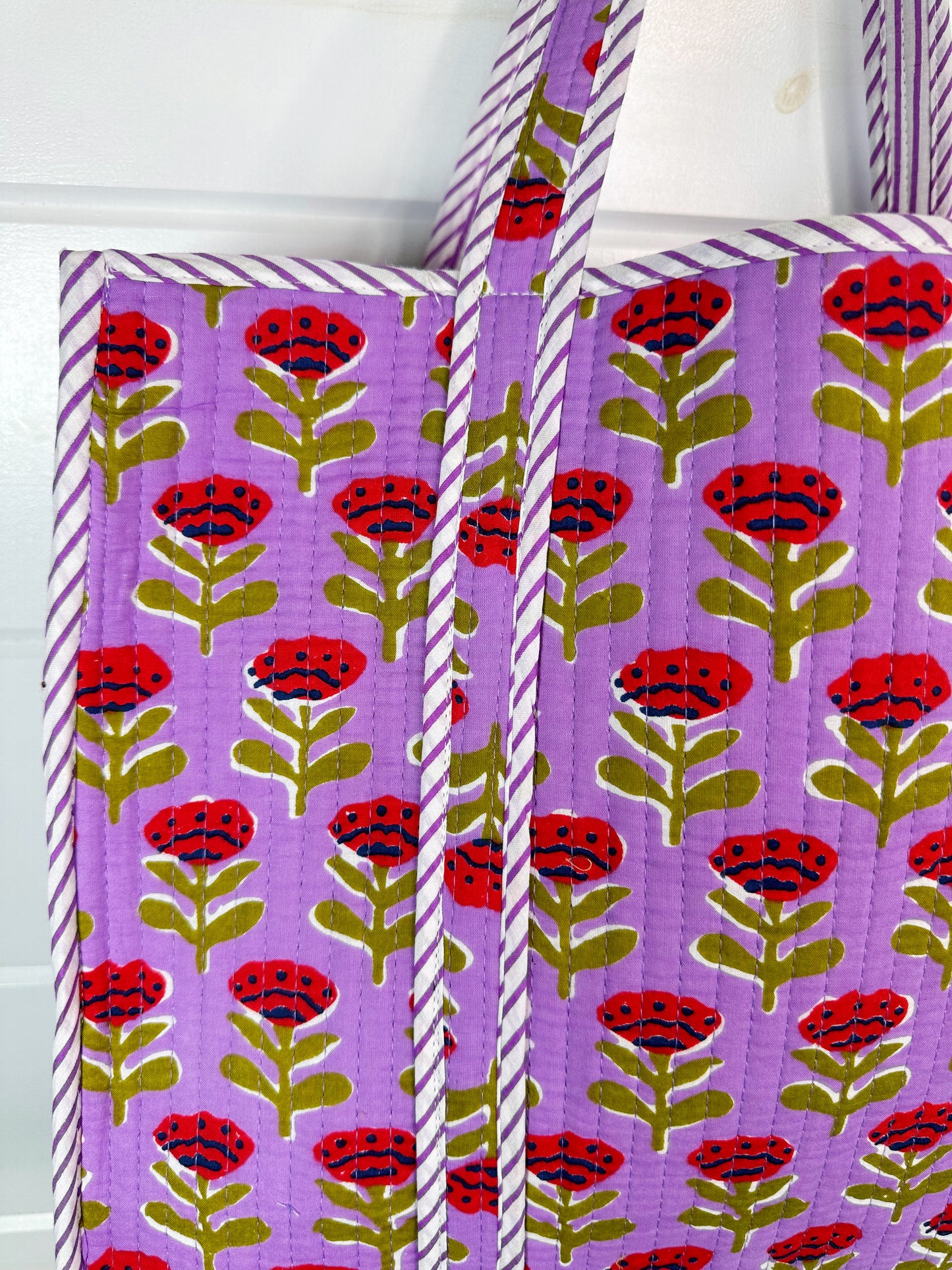 Purple Floral Print Quilted Cotton Reversible Large Tote Bag