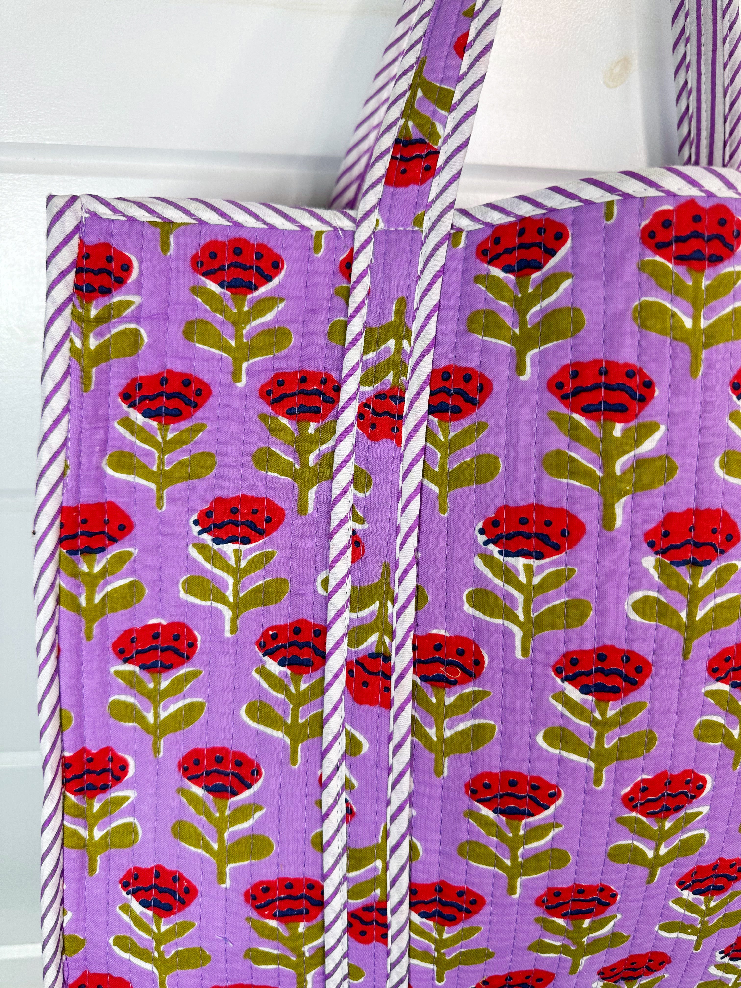 Purple Floral Print Quilted Cotton Reversible Large Tote Bag