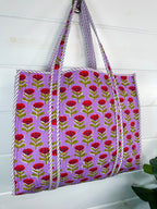 Purple Floral Print Quilted Cotton Reversible Large Tote Bag
