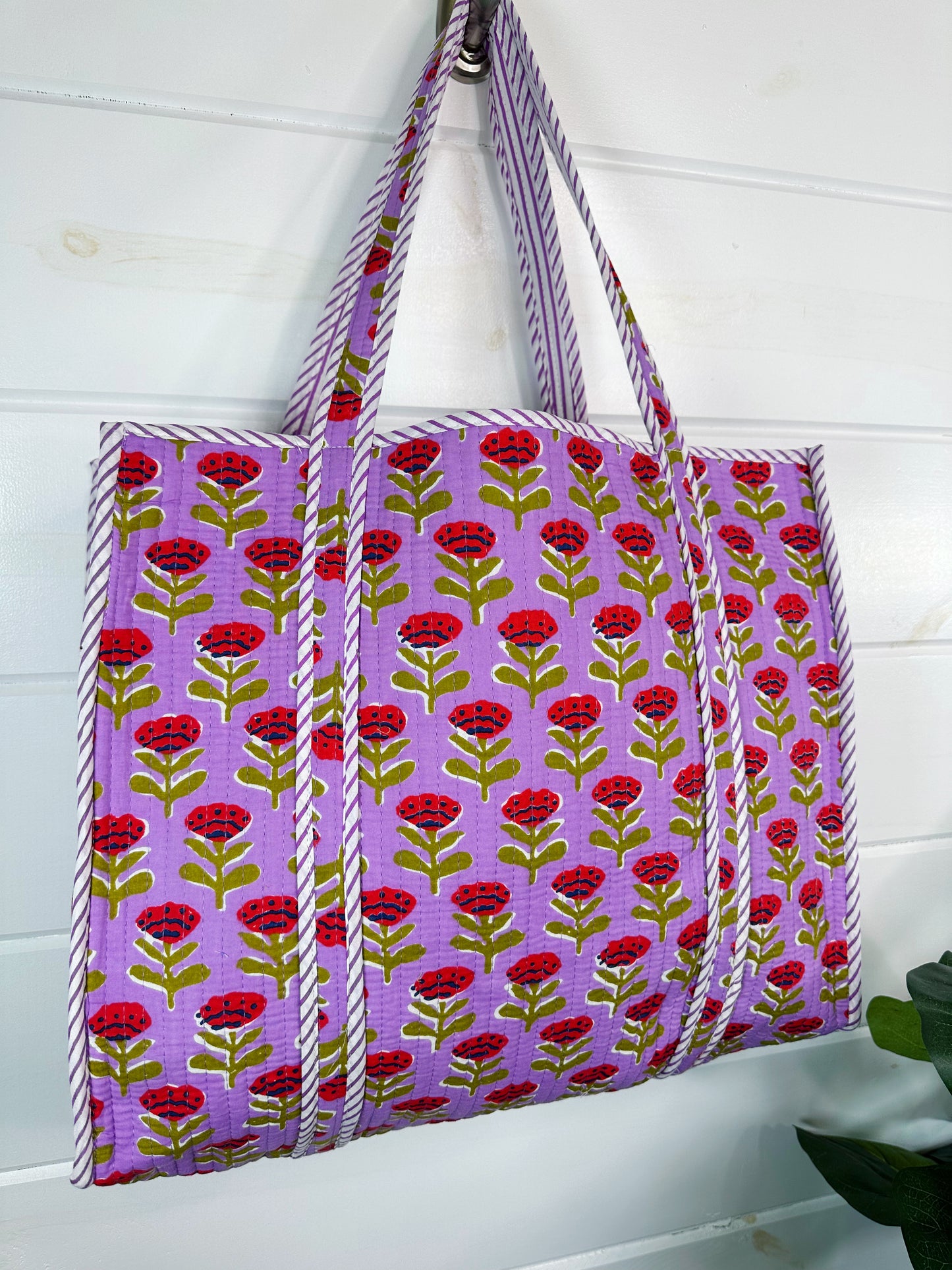 Purple Floral Print Quilted Cotton Reversible Large Tote Bag