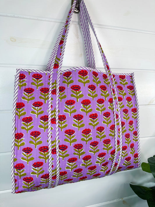 Purple Floral Print Quilted Cotton Reversible Large Tote Bag
