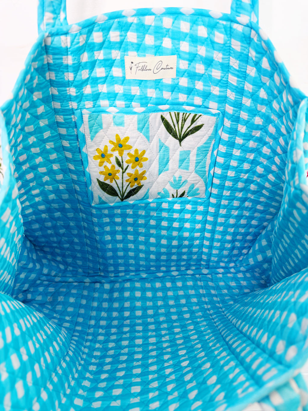 Quilted Cotton Reversible Large Tote Bag - Aqua Garden Party Print