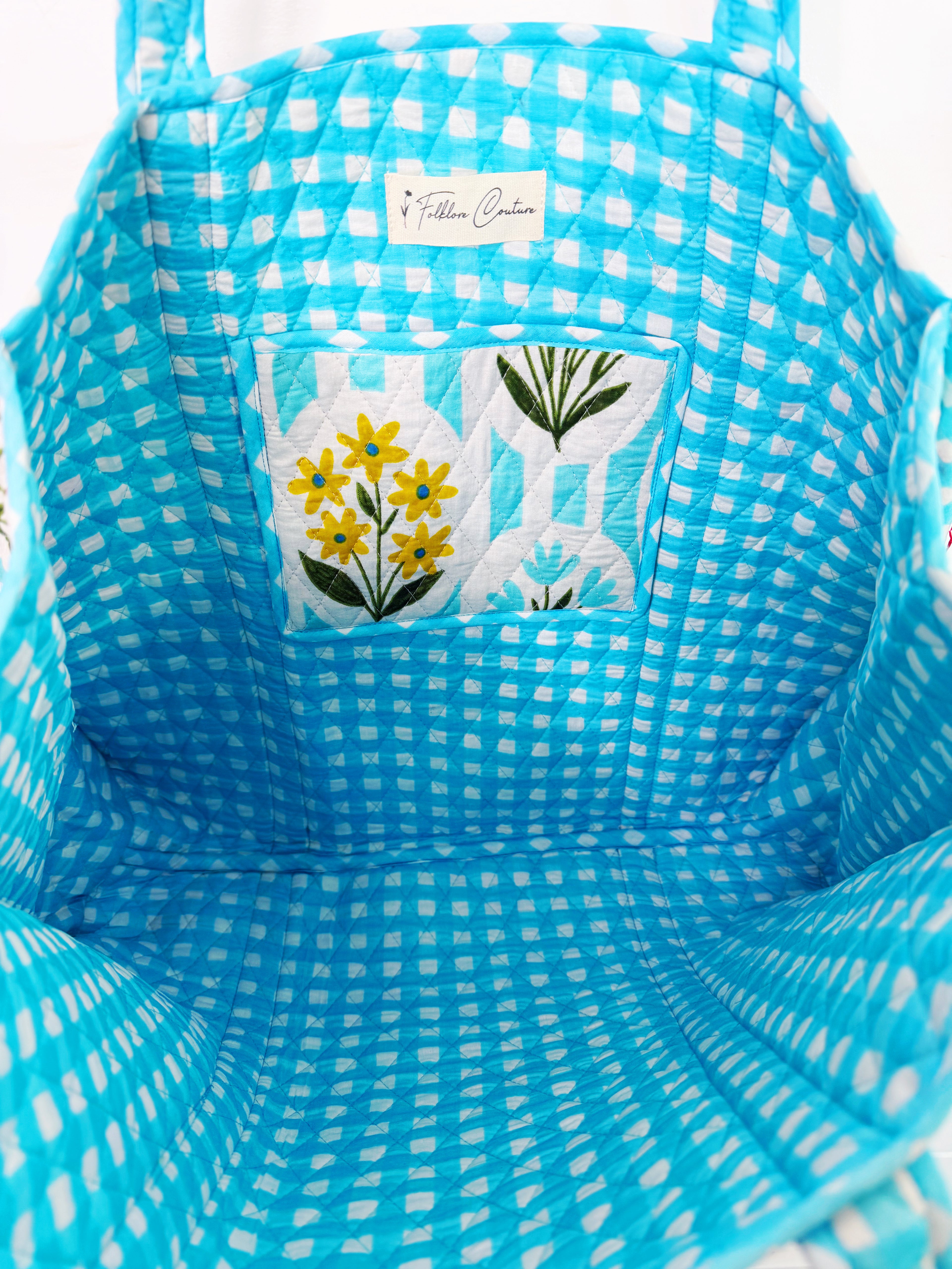 Quilted Cotton Reversible Large Tote Bag - Aqua Garden Party Print