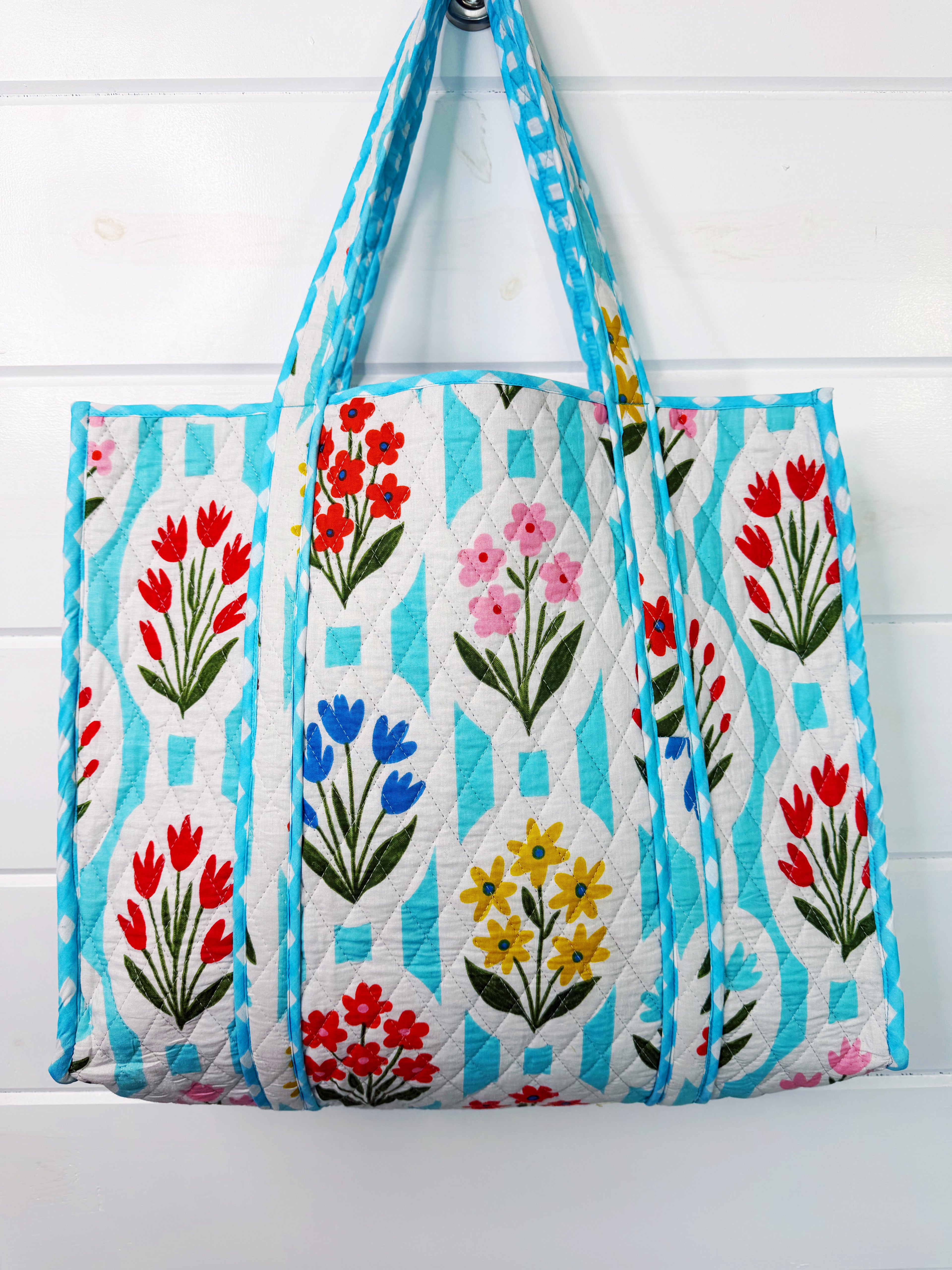 Quilted Cotton Reversible Large Tote Bag - Aqua Garden Party Print