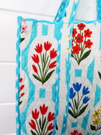 Quilted Cotton Reversible Large Tote Bag - Aqua Garden Party Print