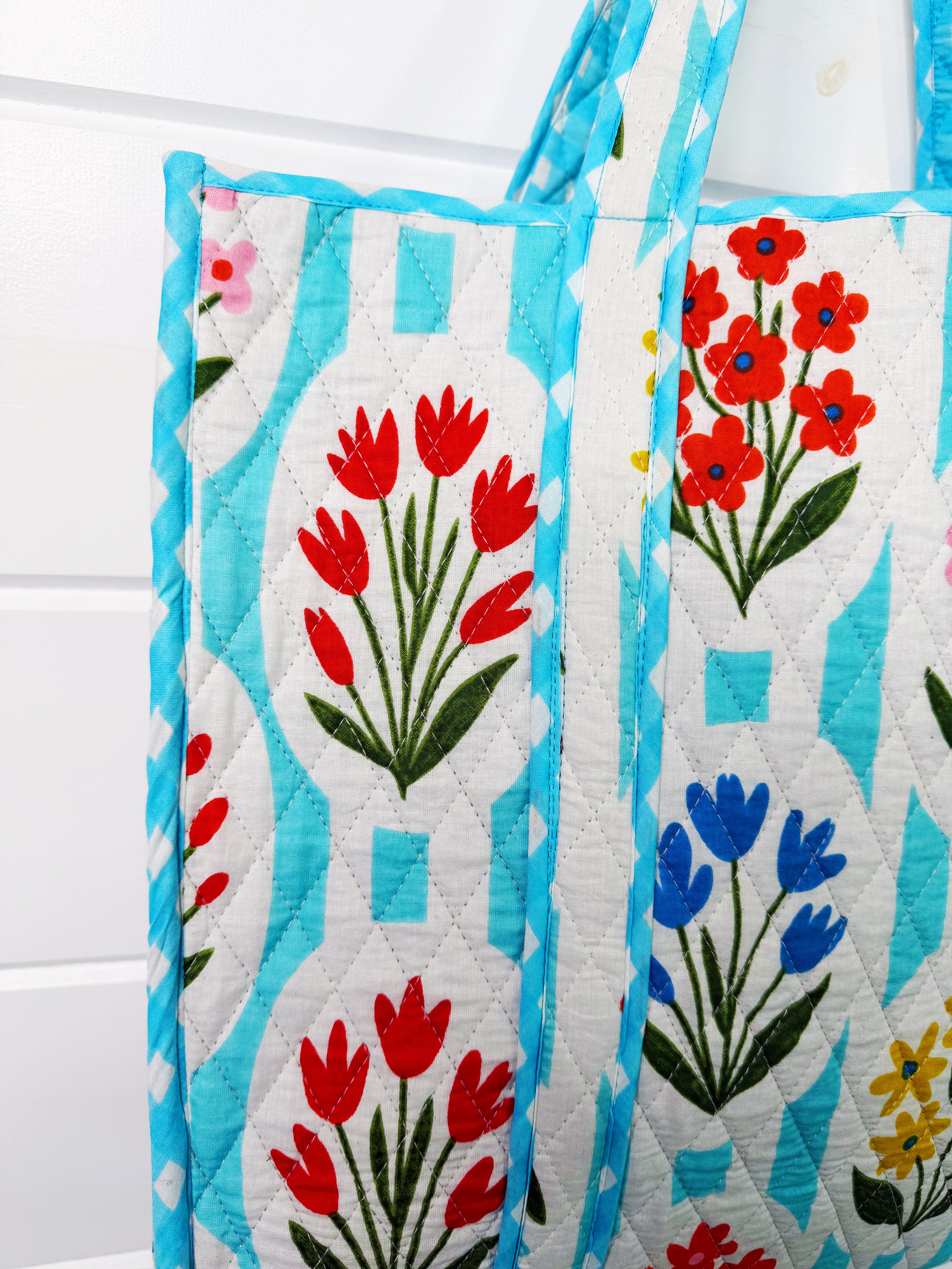 Quilted Cotton Reversible Large Tote Bag - Aqua Garden Party Print