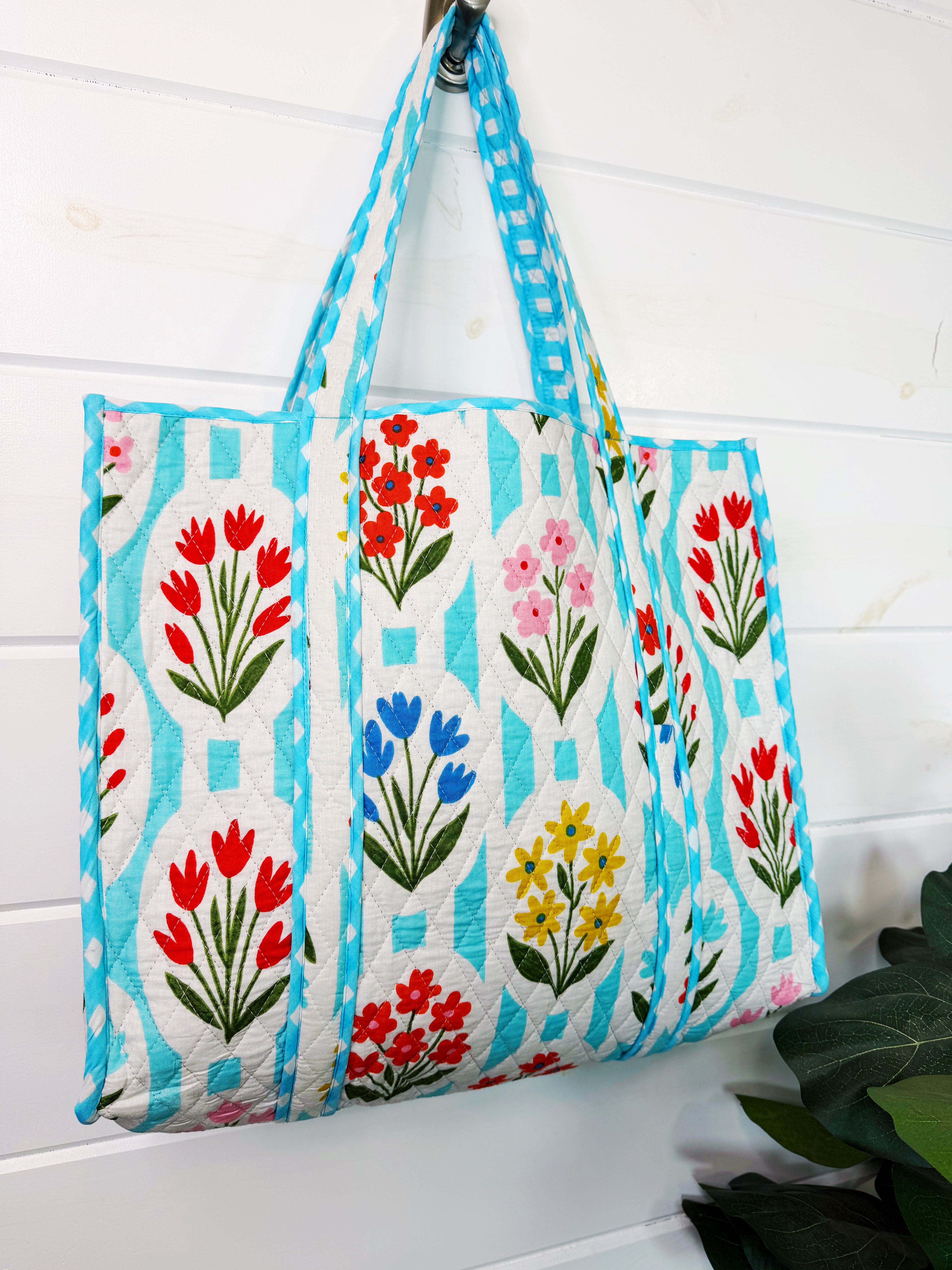 Quilted Cotton Reversible Large Tote Bag - Aqua Garden Party Print
