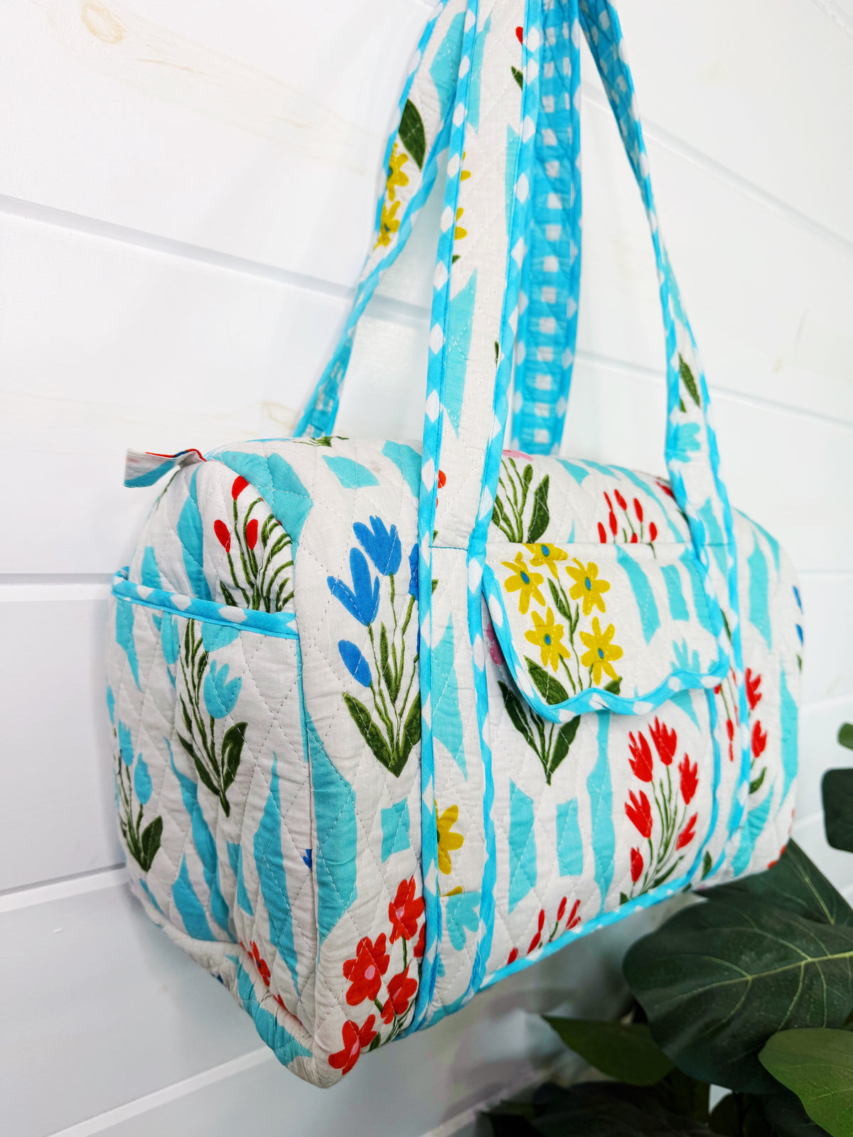 Quilted Mini Duffle Bag - Aqua Garden Party Print