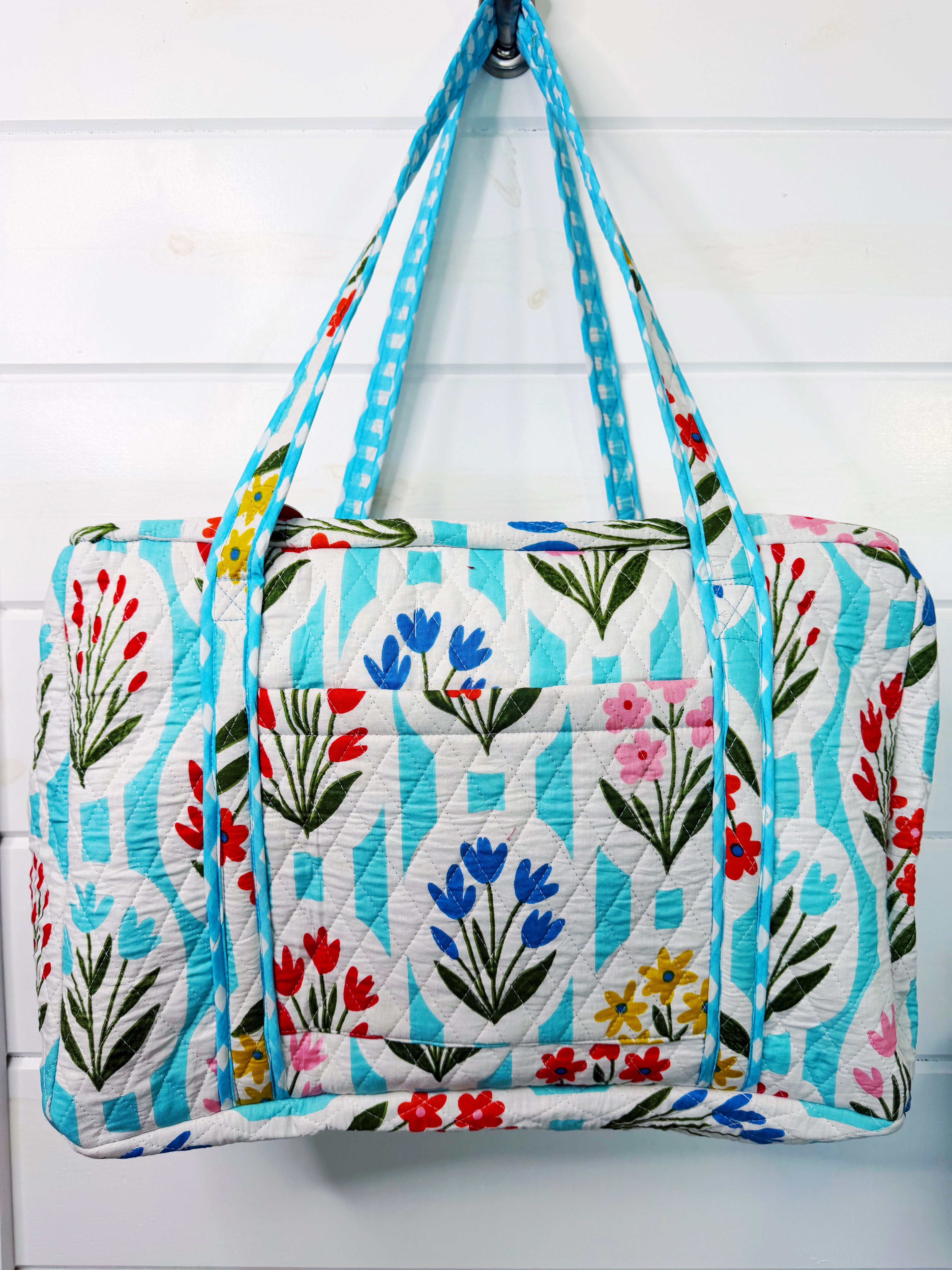 Quilted Weekender Bag - Aqua Garden Party Print