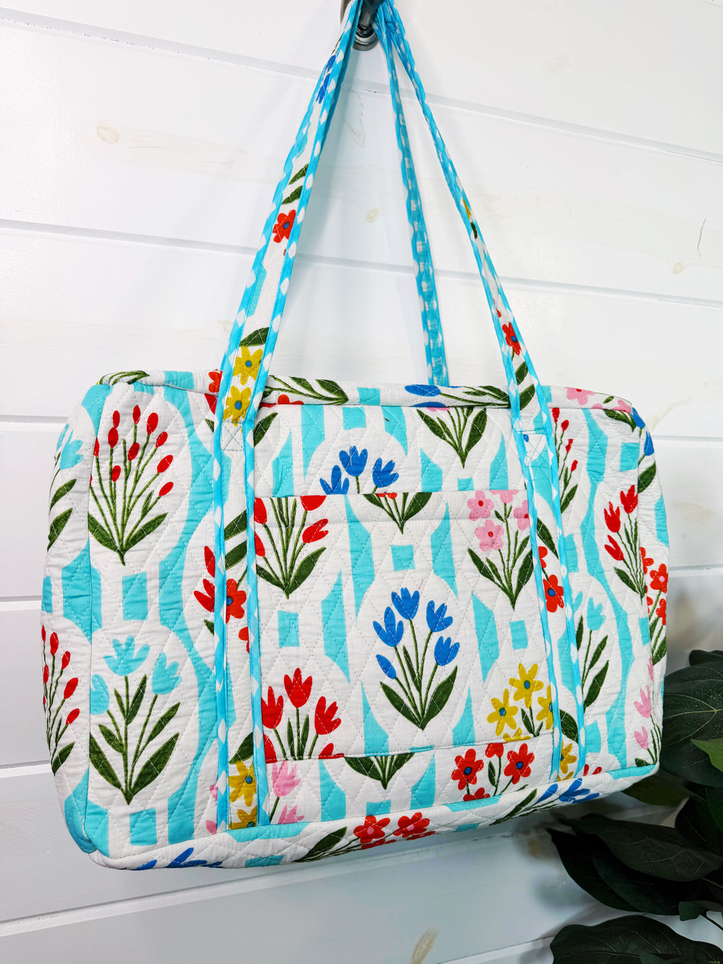 Quilted Weekender Bag - Aqua Garden Party Print