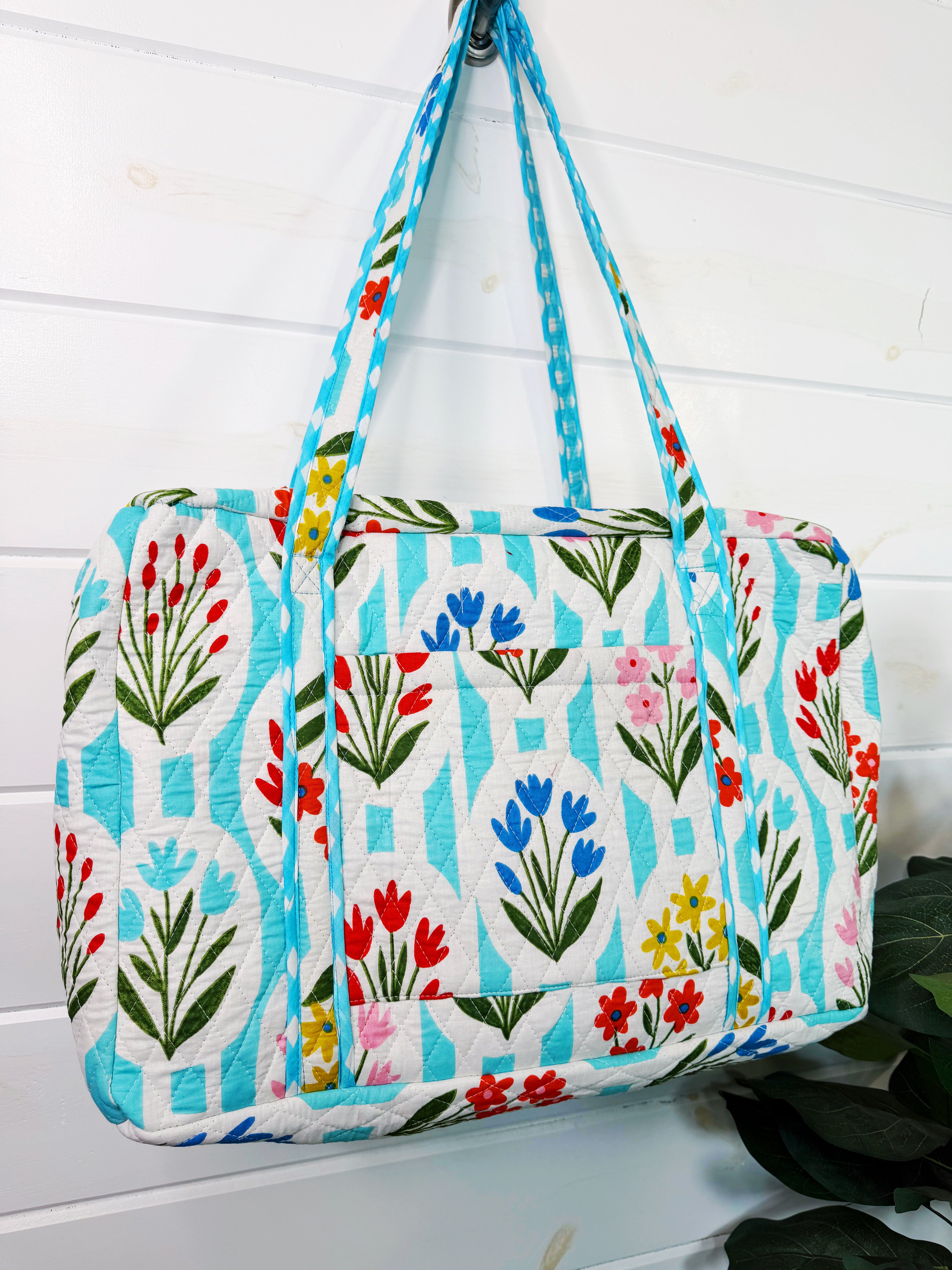 Quilted Weekender Bag - Aqua Garden Party Print