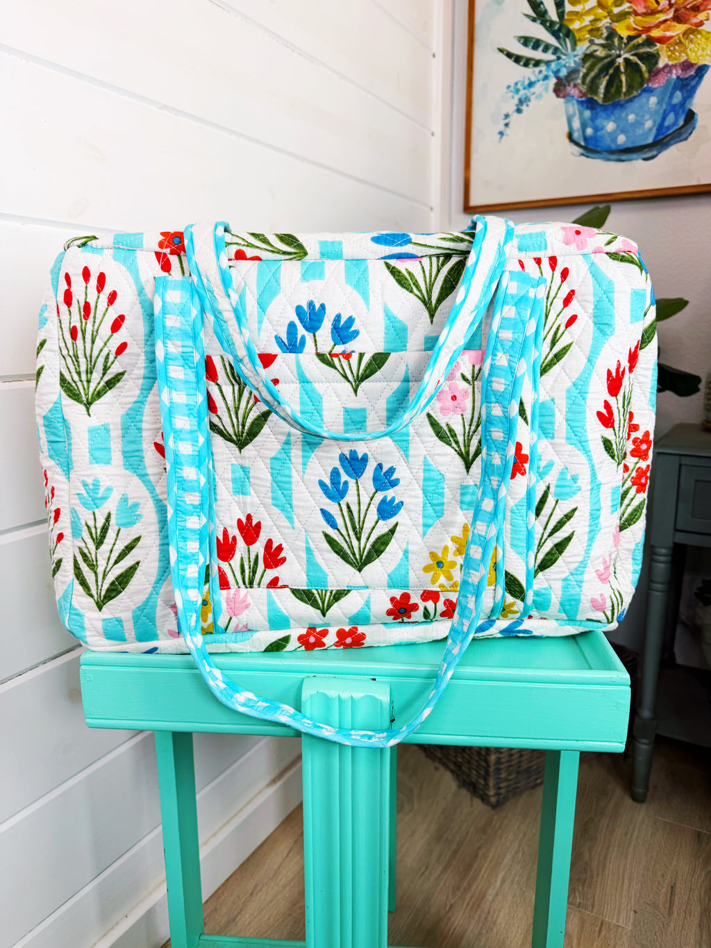 Quilted Weekender Bag - Aqua Garden Party Print