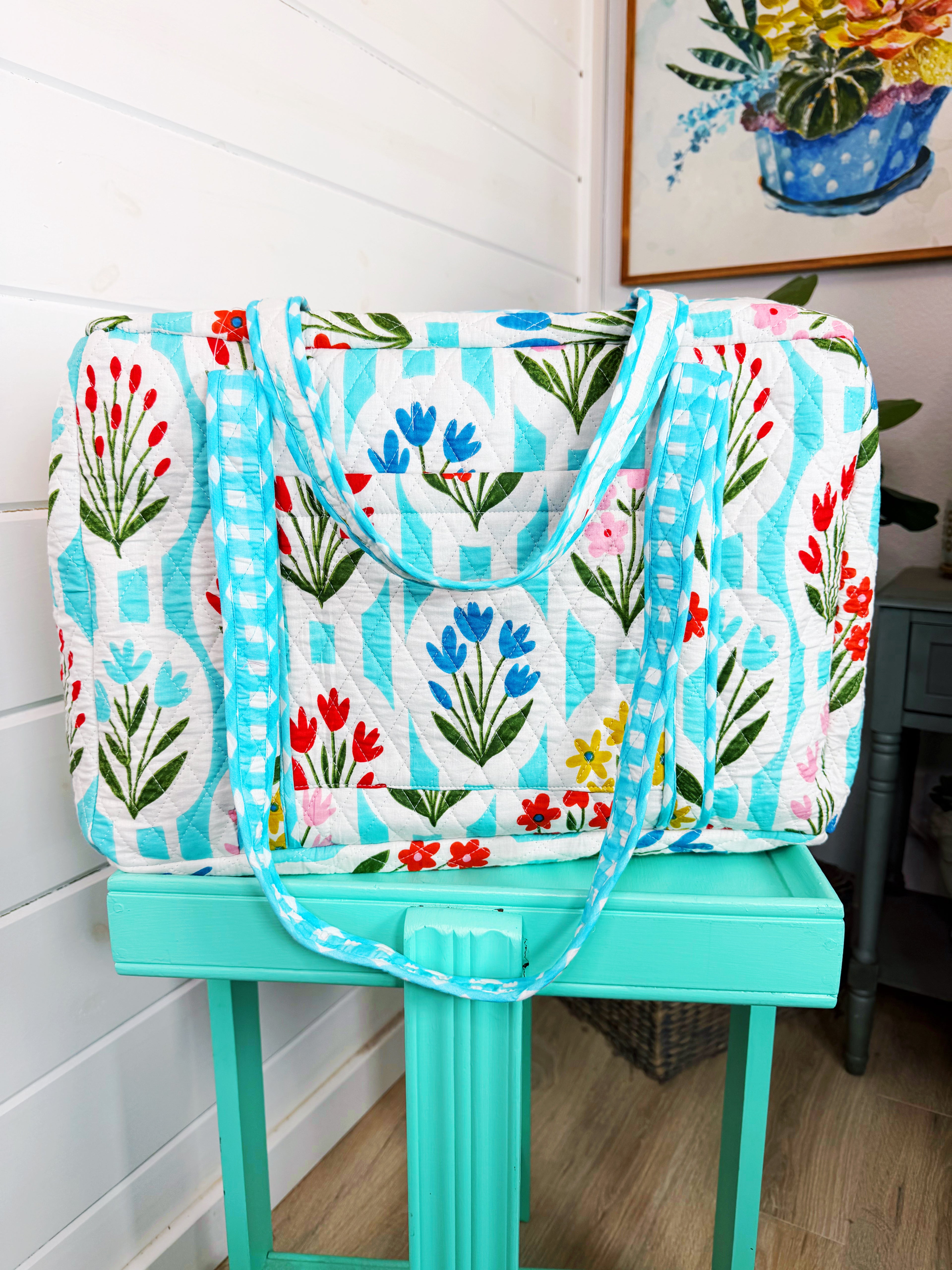 Quilted Weekender Bag - Aqua Garden Party Print