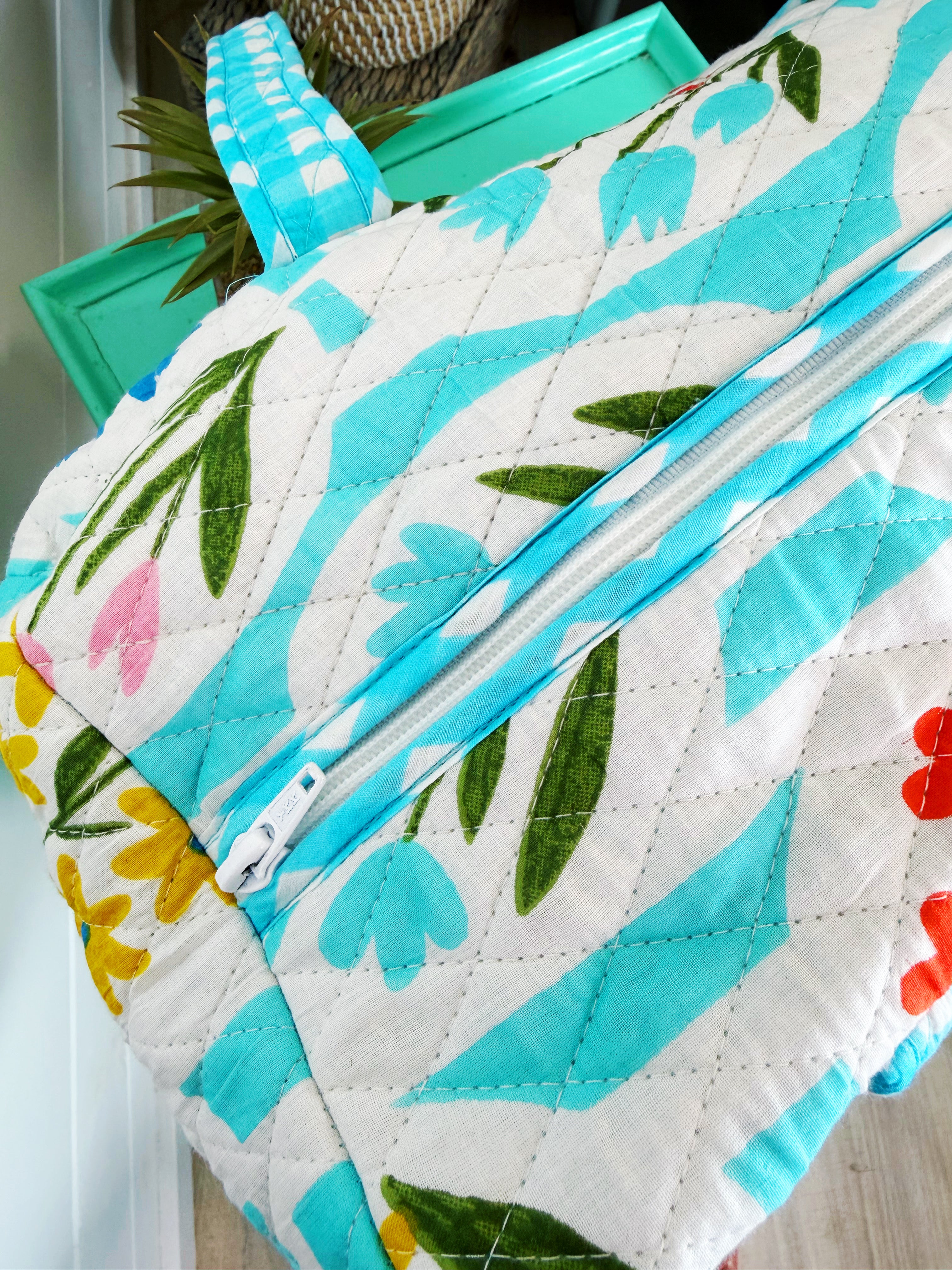 Quilted Weekender Bag - Aqua Garden Party Print