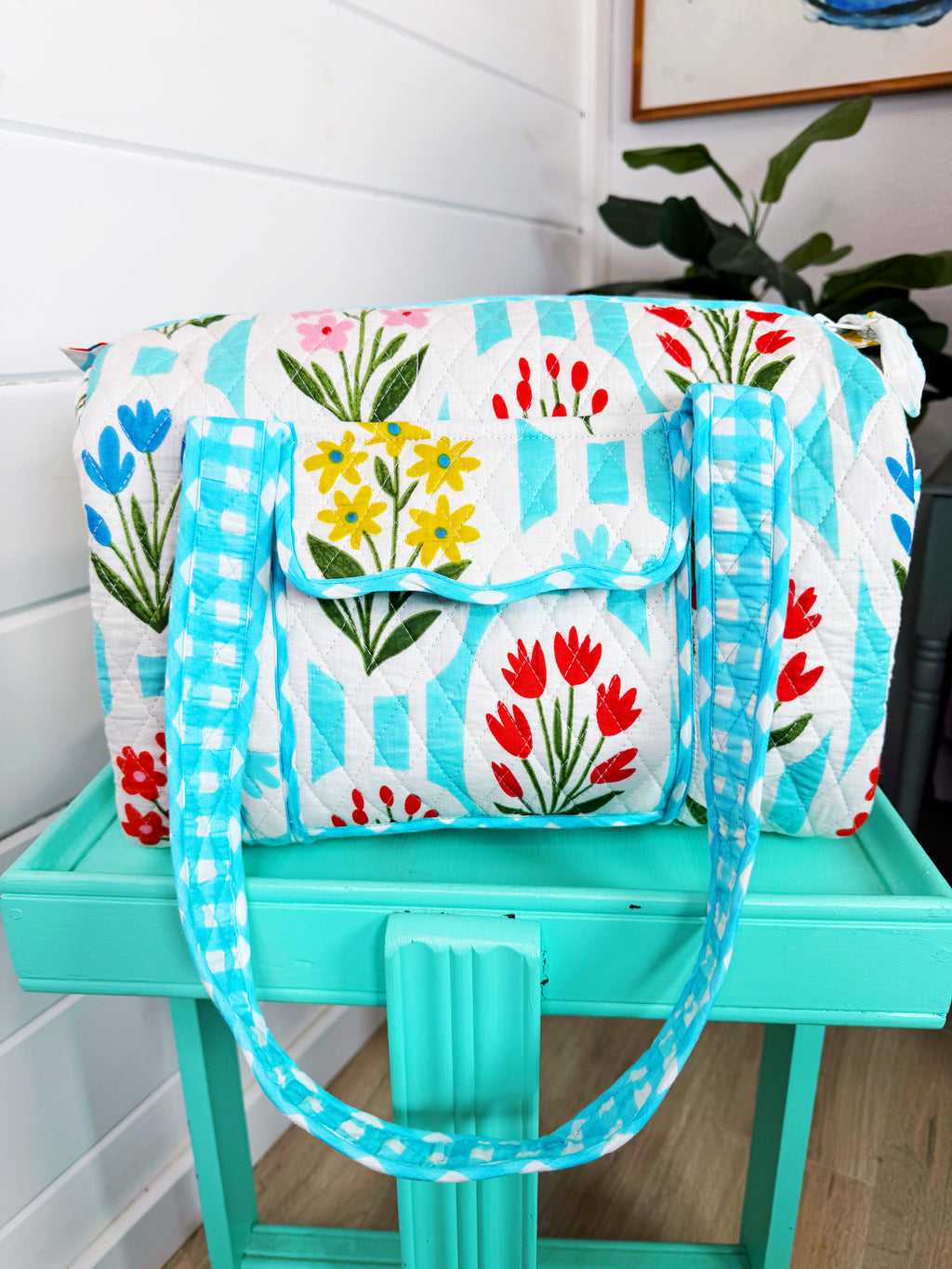 Quilted Mini Duffle Bag - Aqua Garden Party Print
