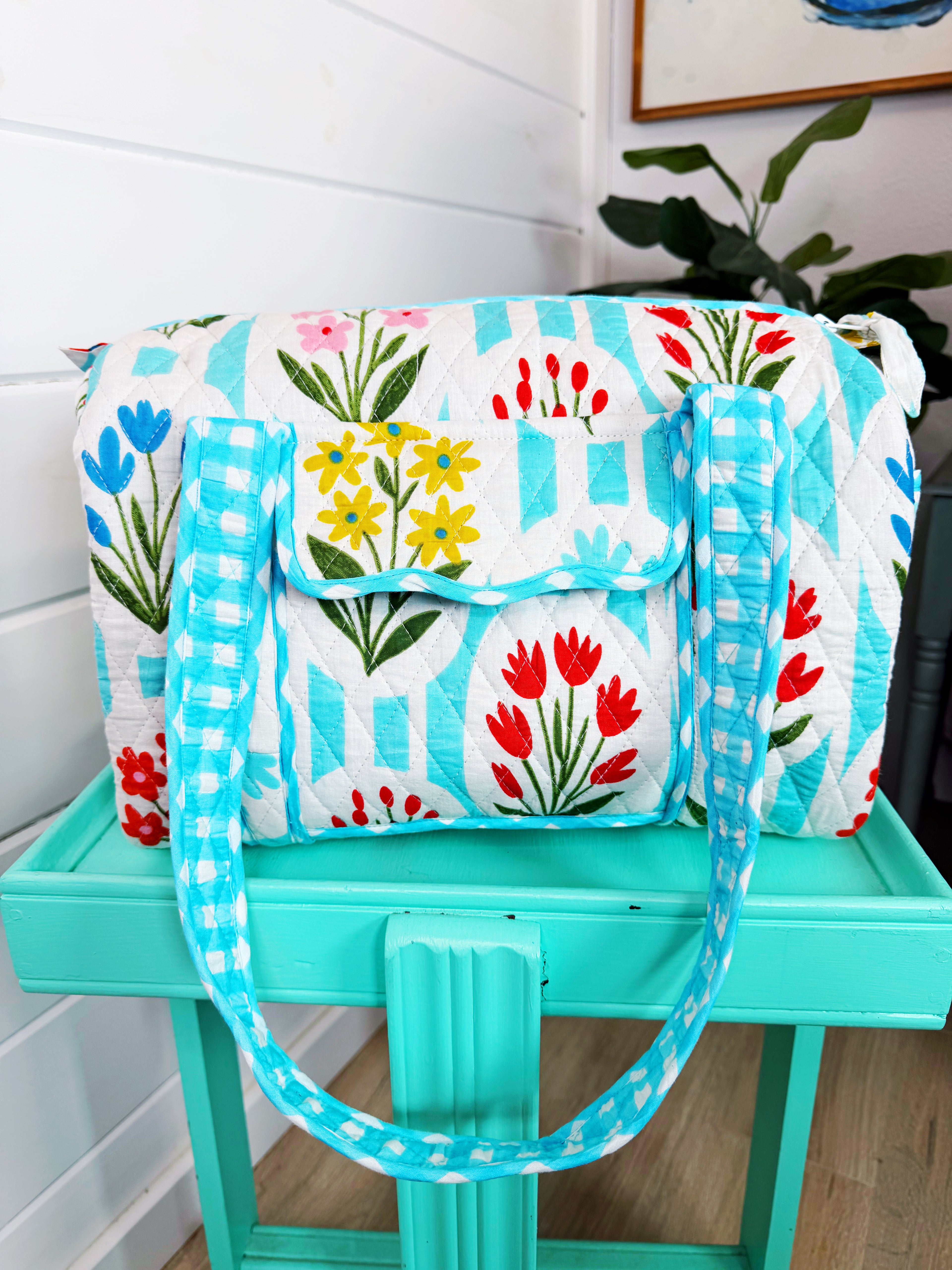 Quilted Mini Duffle Bag - Aqua Garden Party Print