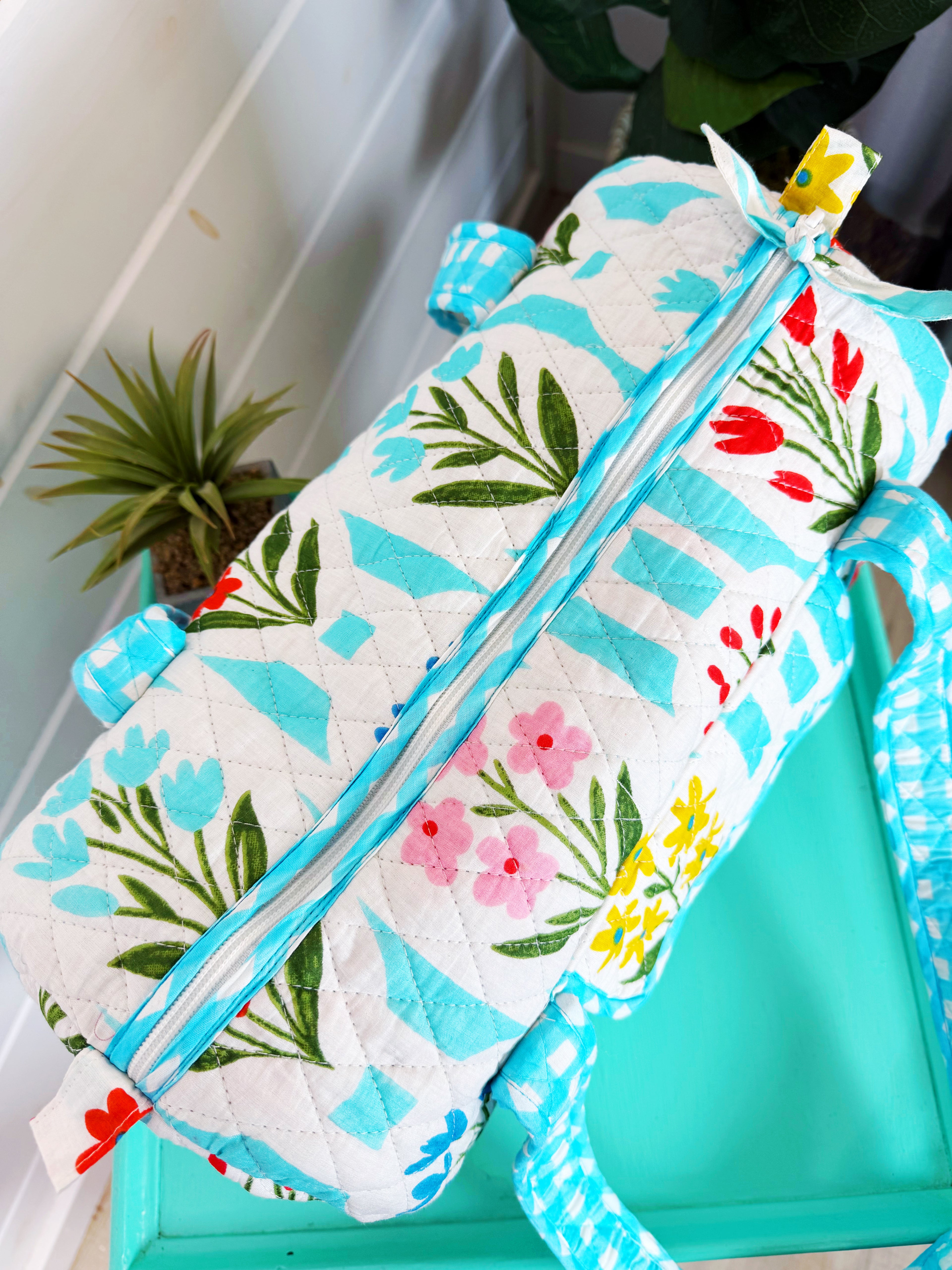 Quilted Mini Duffle Bag - Aqua Garden Party Print