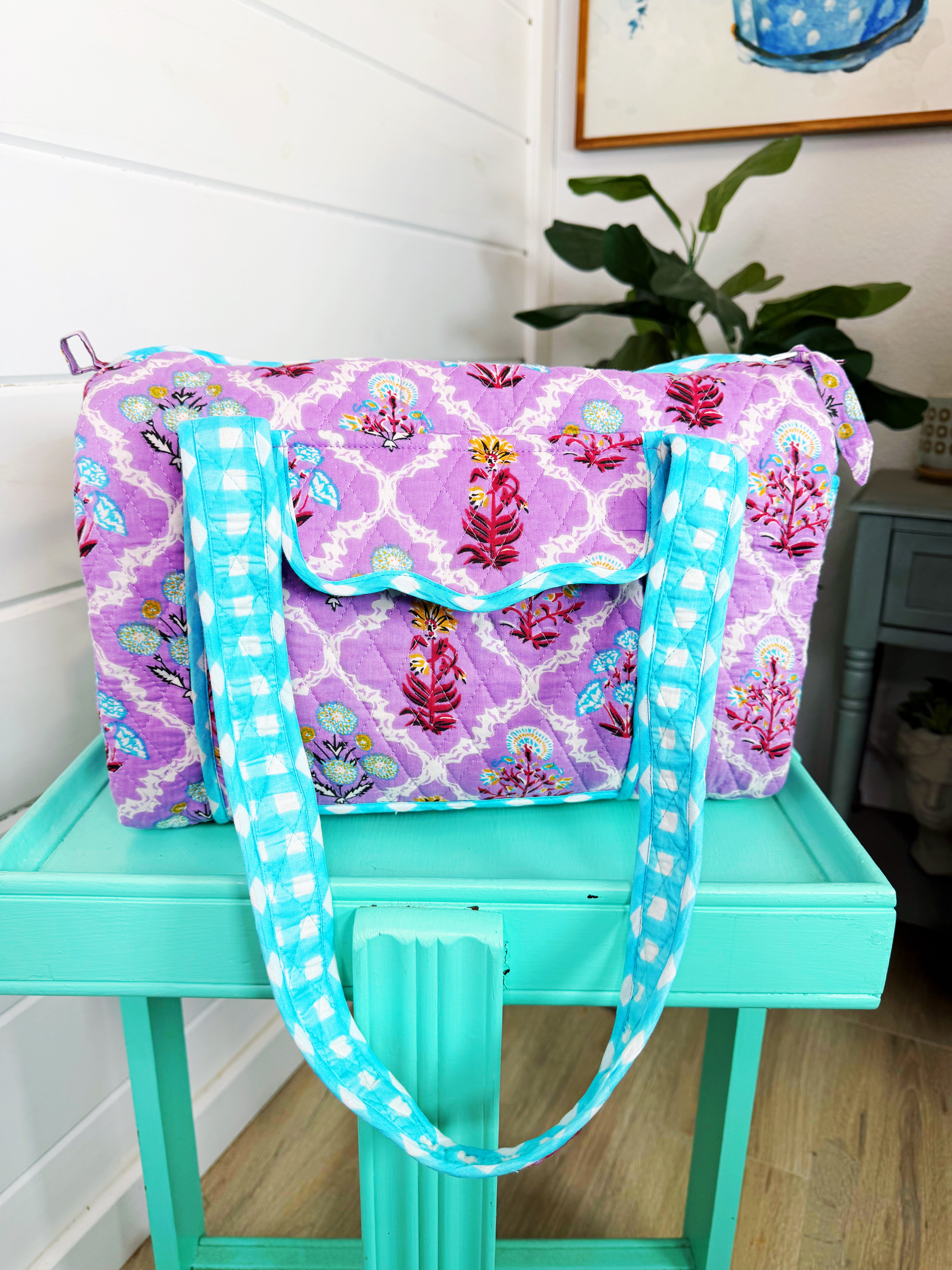 Quilted Mini Duffle Bag - Purple Wildflower Print